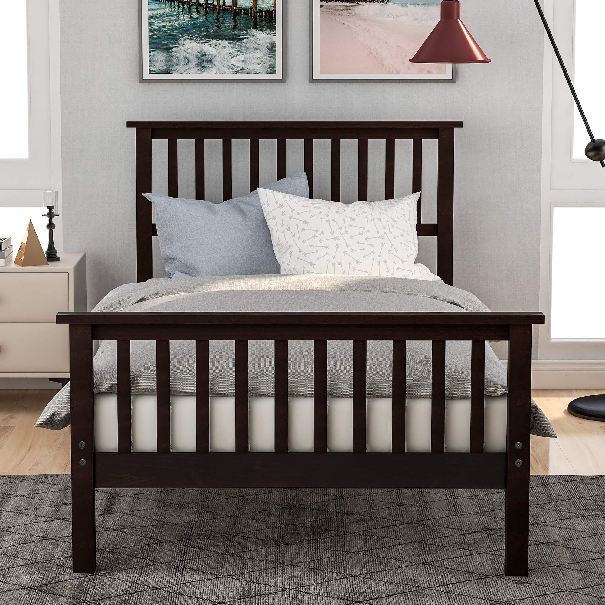 Solid Wood Twin Bed Frame with Headboard & Footboard - Sturdy Platform Bed for Kids, Teens & Adults - No Box Spring Needed - Easy Assembly - Espresso Finish - Perfect for Bedrooms, Guest Rooms & Dormitories