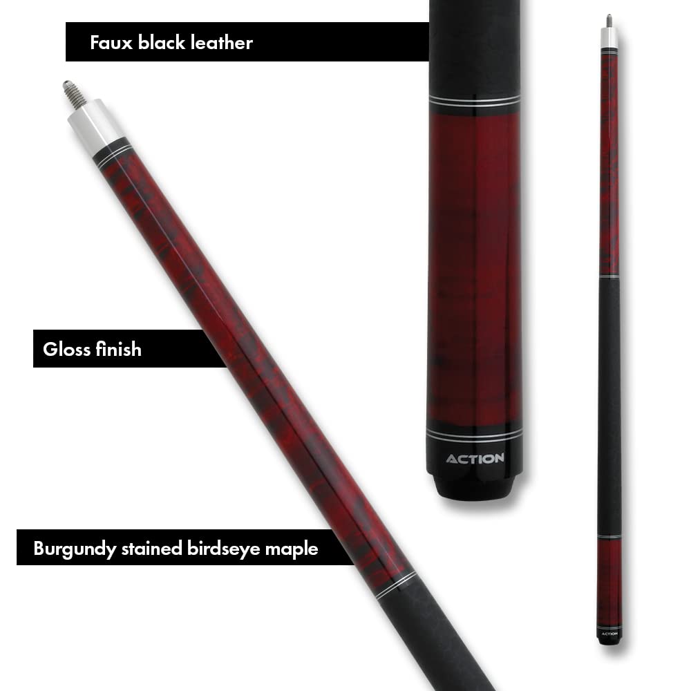 Action RNG02 Burgundy Stained Maple Pool Cue Stick - 58 Inch Professional Billiard Cue with Faux Leather Grip & Rubber Bumper - Perfect for Home Game Rooms, Bars, and Competitive Pool Tournaments