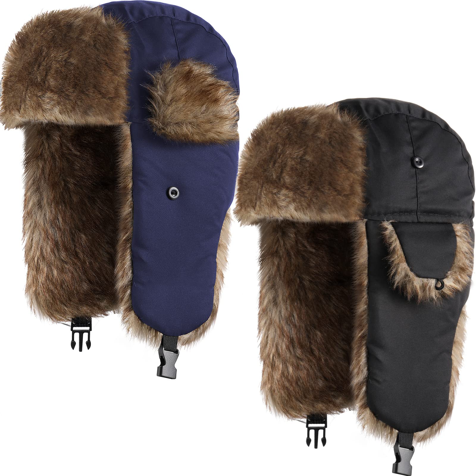 2 Pcs Russian Trapper Ushanka Hats with Ear Flaps - Winter Fur Bomber Hats for Men & Women - Windproof & Cold Resistant - Perfect for Snowboarding, Skiing & Arctic Adventures