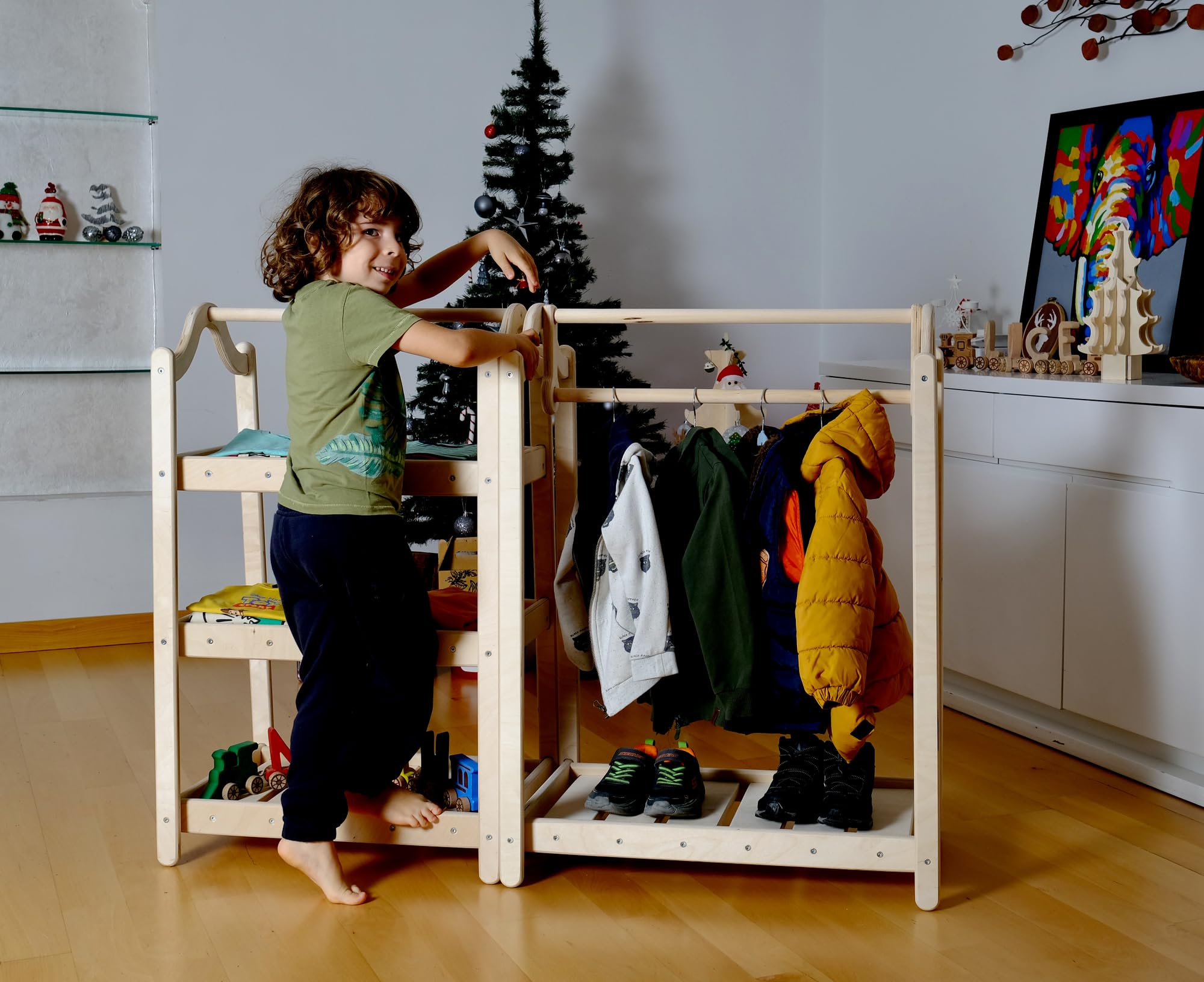 Montessori Kids Wooden Wardrobe & Clothing Rack Set - Premium Toddler Furniture for Bedroom | Child Room Clothes Organizer with Dress-Up Station | Perfect for Montessori Learning & Playroom Storage