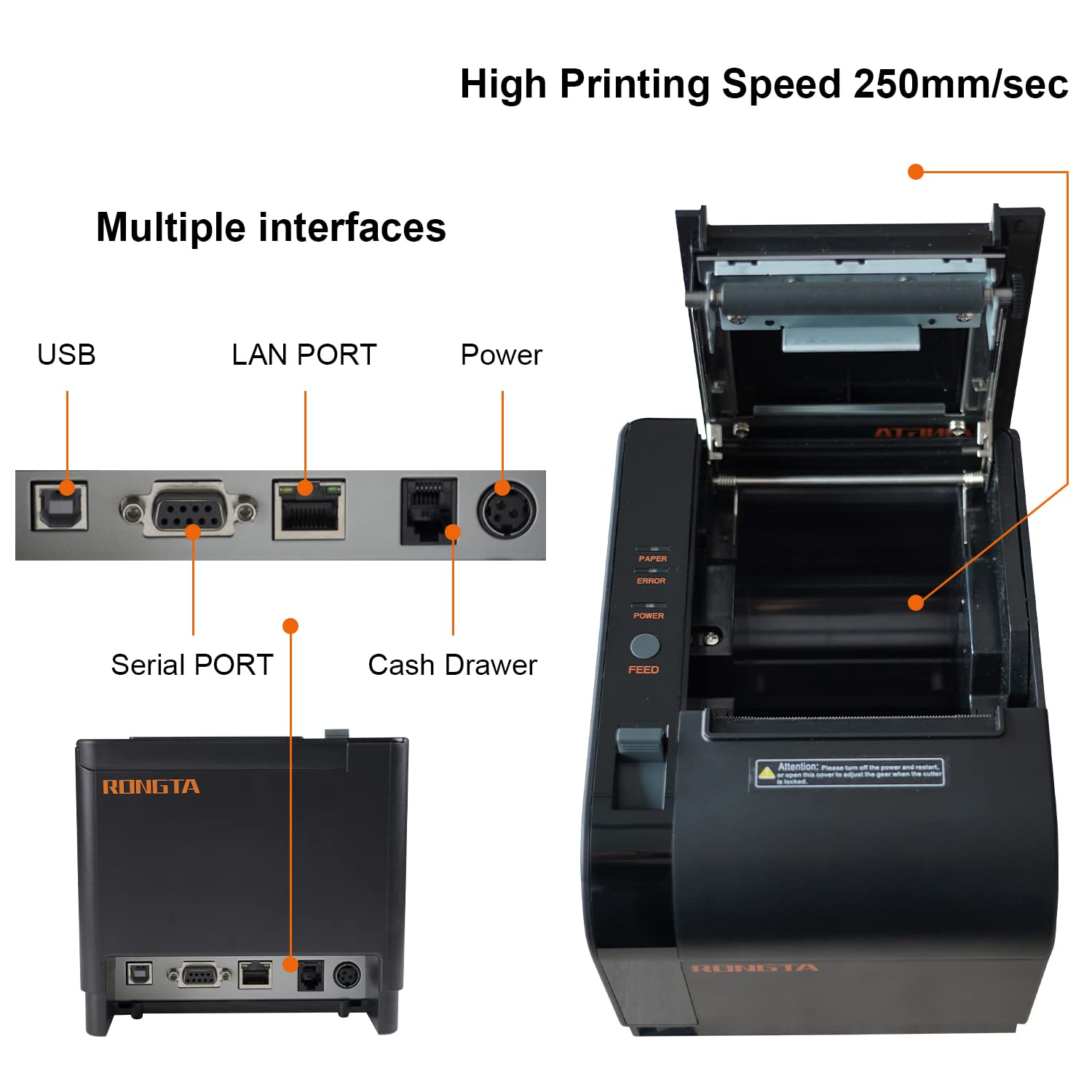 Rongta 80mm Thermal Receipt Printer with Auto Cutter - ESC/POS Compatible for POS Systems, Supports USB/Serial/Ethernet & Cash Drawer - Works with Windows, Mac, Linux - Ideal for Retail Stores, Restaurants & Small Businesses