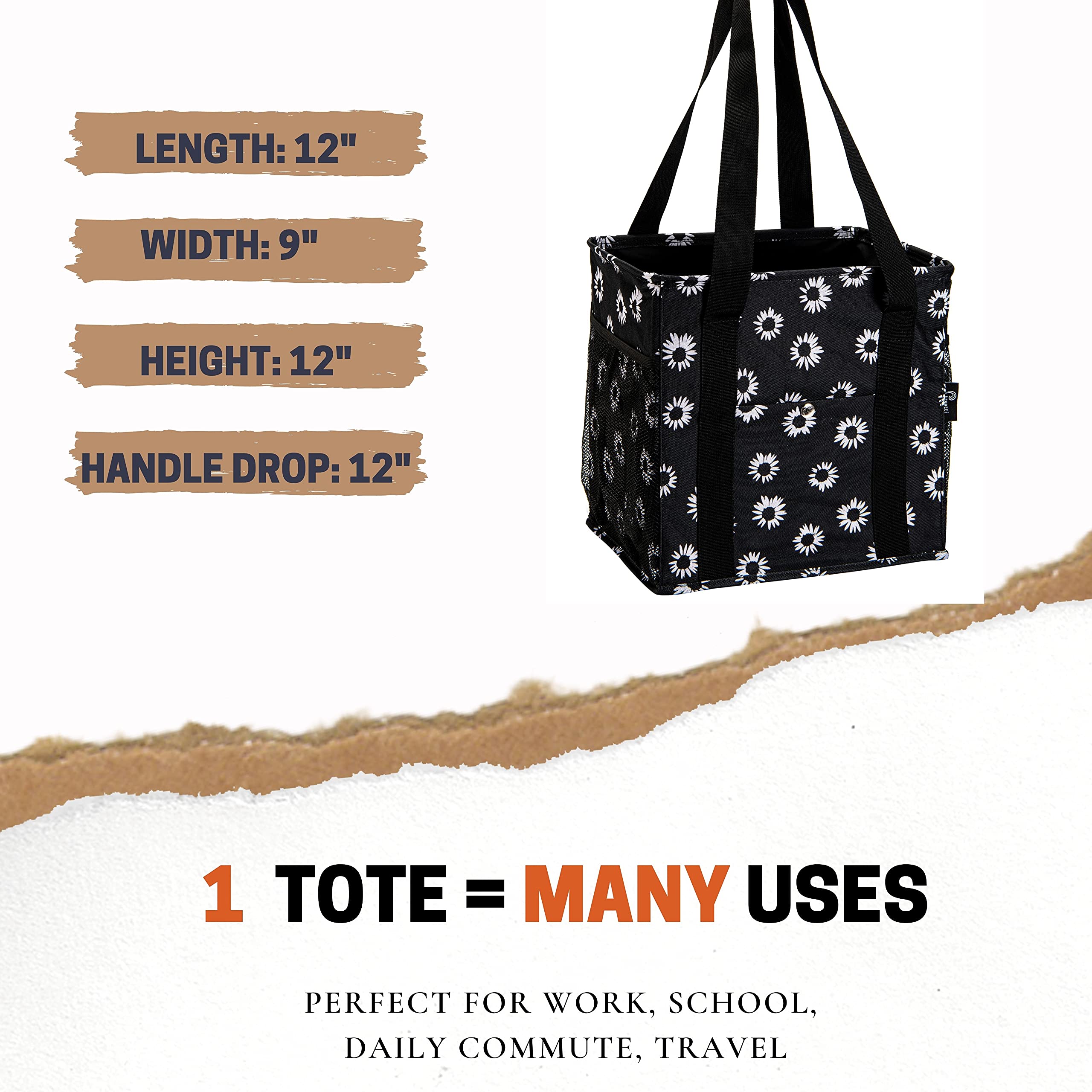 Stylish Small Utility Tote Bag for Women with 4 Exterior Pockets - Versatile Reusable Shopping Bag for Groceries, Work, Lunch, Teachers & Nurses - Perfect for Office, School, Hospital & Daily Errands (Black Daisy Floral Design)