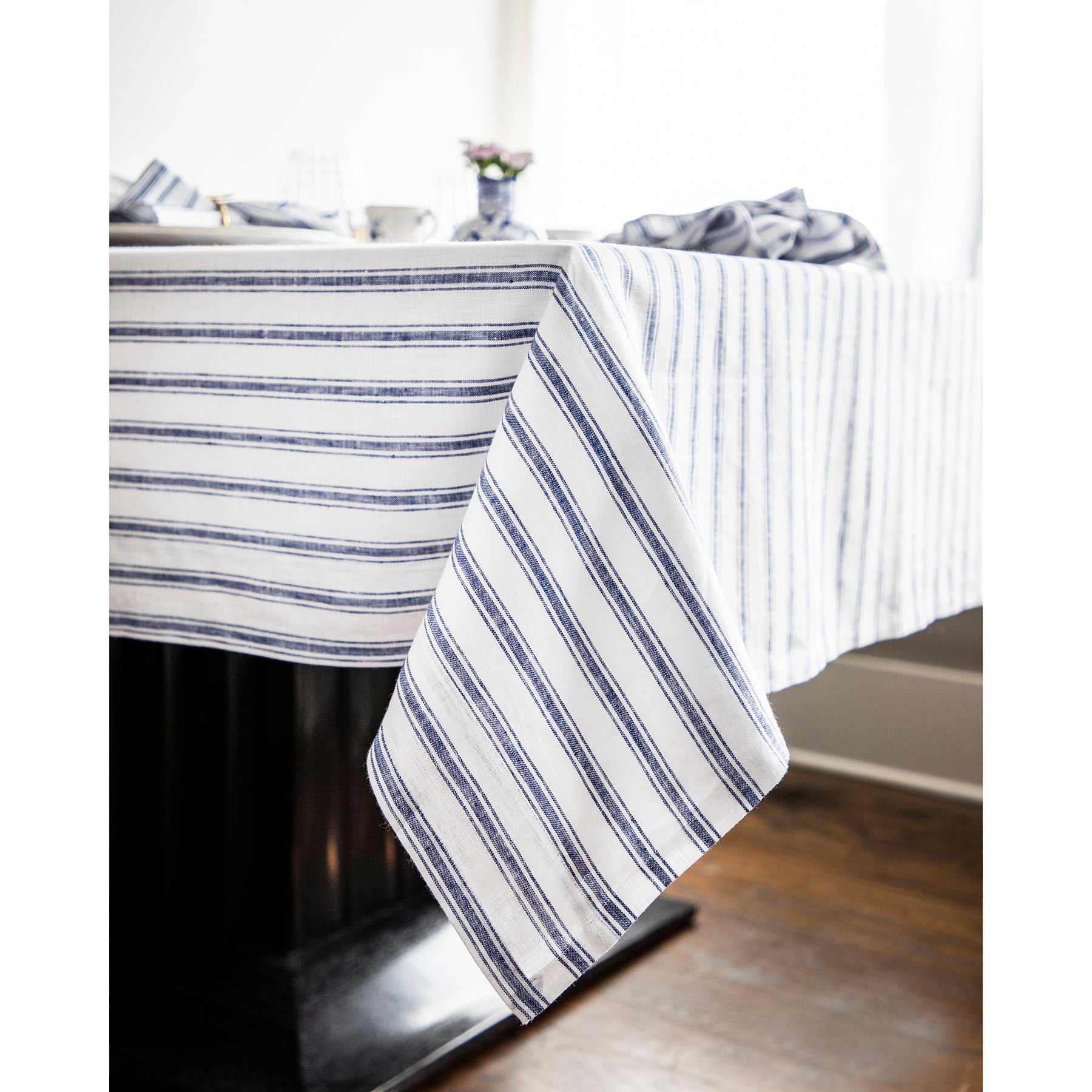 Stylish Capri Ticking Stripe Tablecloth - Waterproof & Washable Cotton Table Cover for Dining Room, Kitchen, and Outdoor Picnics