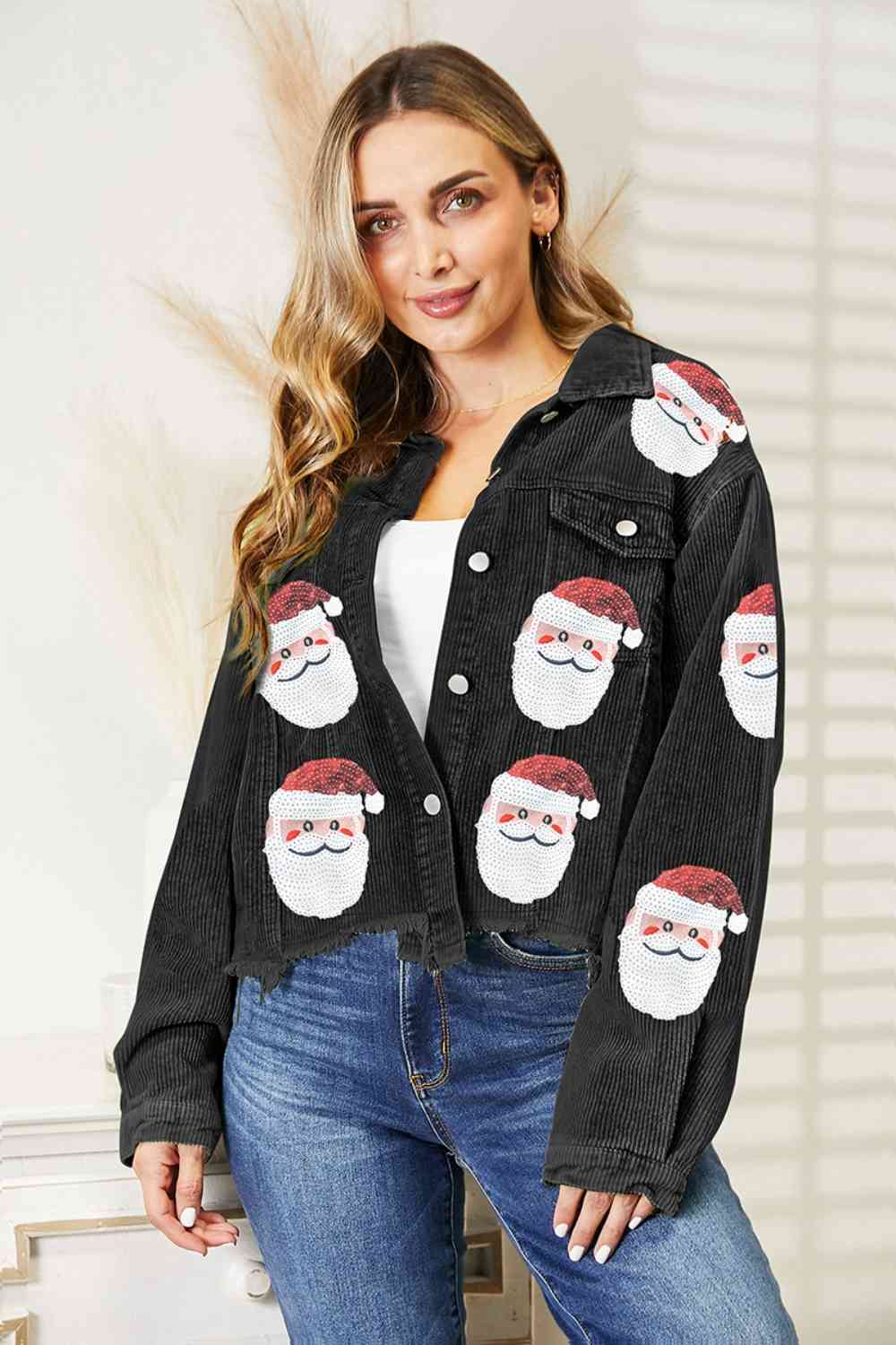Santa Sequin Raw Hem Jacket - Sparkly Christmas Party Outfit for Women | Holiday Festive Blazer, Casual Wear & Seasonal Fashion