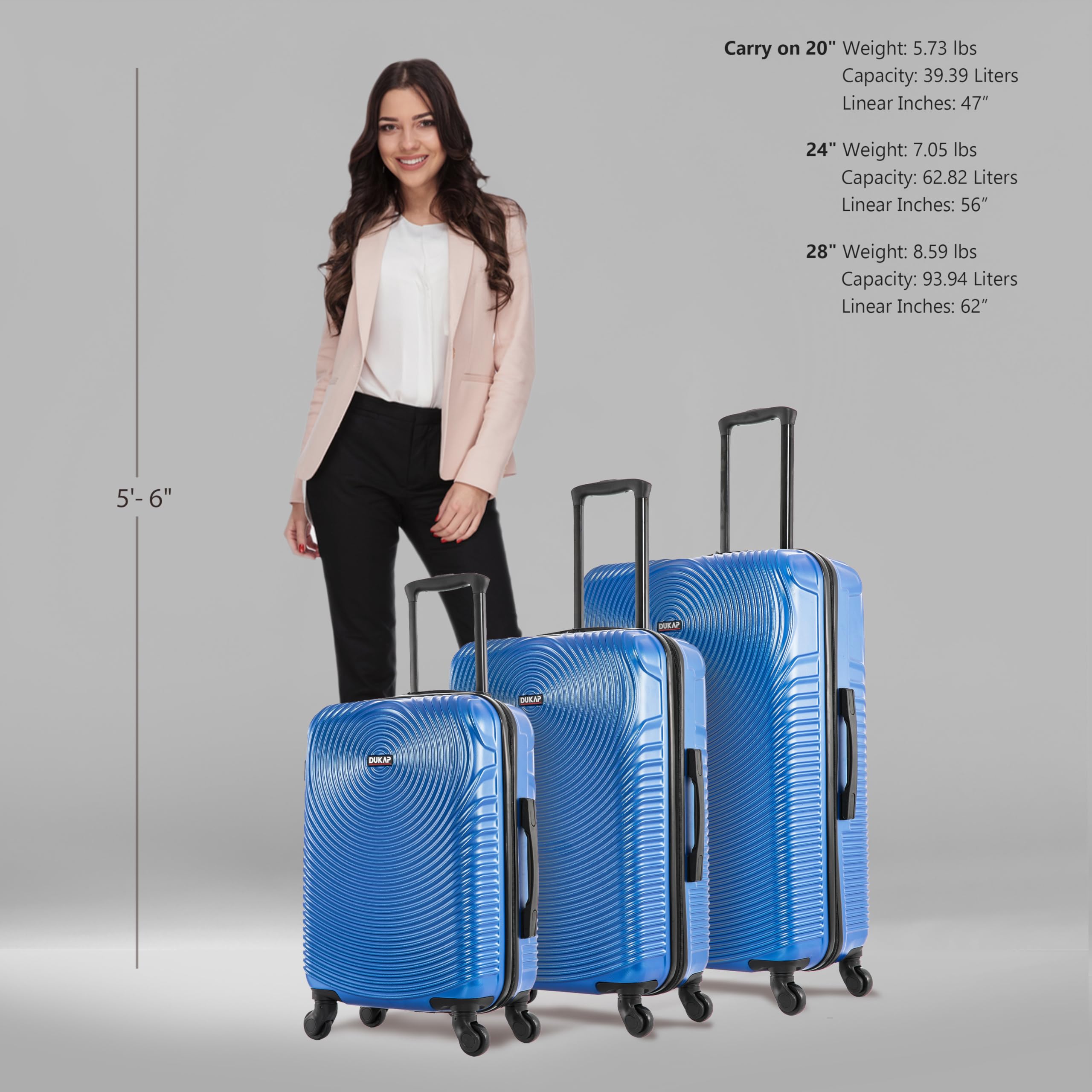 DUKAP INCEPTION 3-Piece Hardshell Luggage Set with Spinner Wheels - 20in, 24in, 28in Lightweight Durable Suitcases with Trolley Handle - Perfect for Air Travel, Business Trips & Family Vacations - Blue