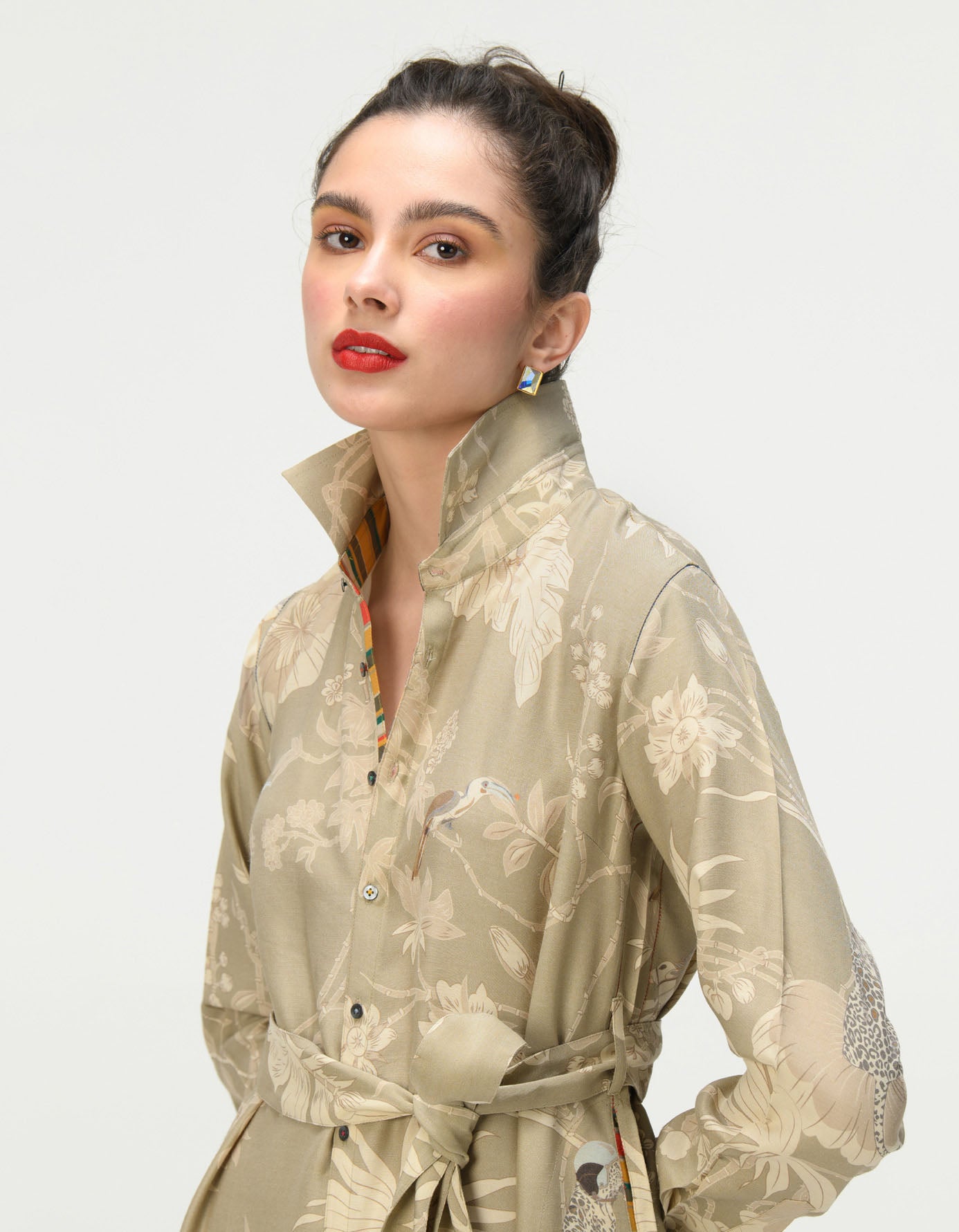 Elegant Tie Belt Shirt Dress in Muga Satin - Oyster Grey | Women's Casual Office Wear & Spring Outfits