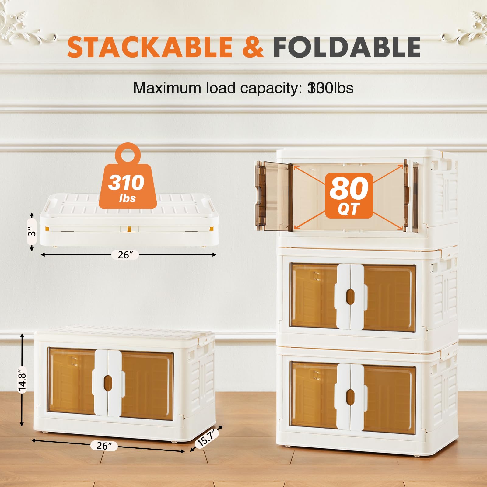 Foldable Plastic Storage Bins with Doors & Wheels - 80QT Stackable, Portable, Lockable Storage Boxes (3 Pack) for Living Room, Garage, Closet & Office Organization