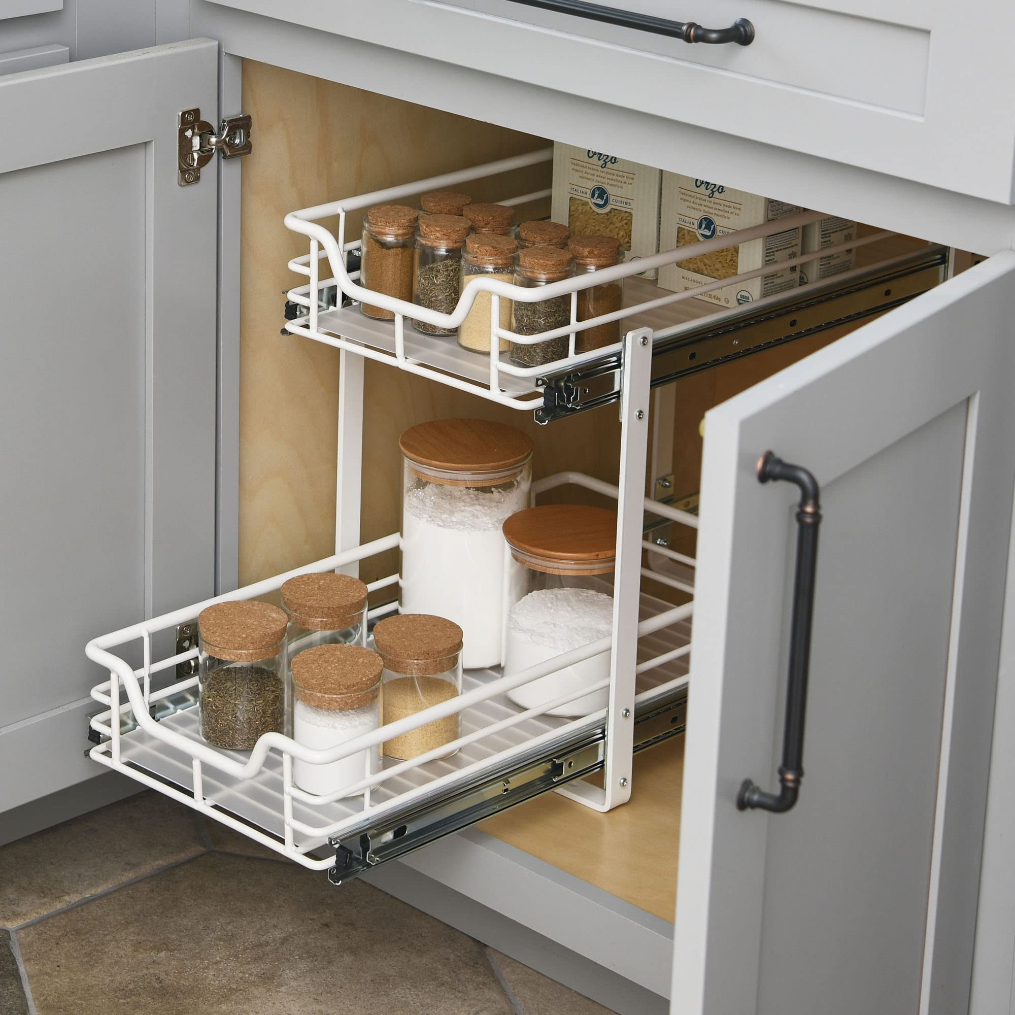 Glidez Multipurpose Powder-Coated Steel Pull-Out Cabinet Organizer with Plastic Liners - 2-Tier Dual-Slide Under Sink Storage for Kitchen & Bathroom - Fits Standard Cabinets (White) | Space-Saving Solution for Spices, Cleaning Supplies & Toiletries