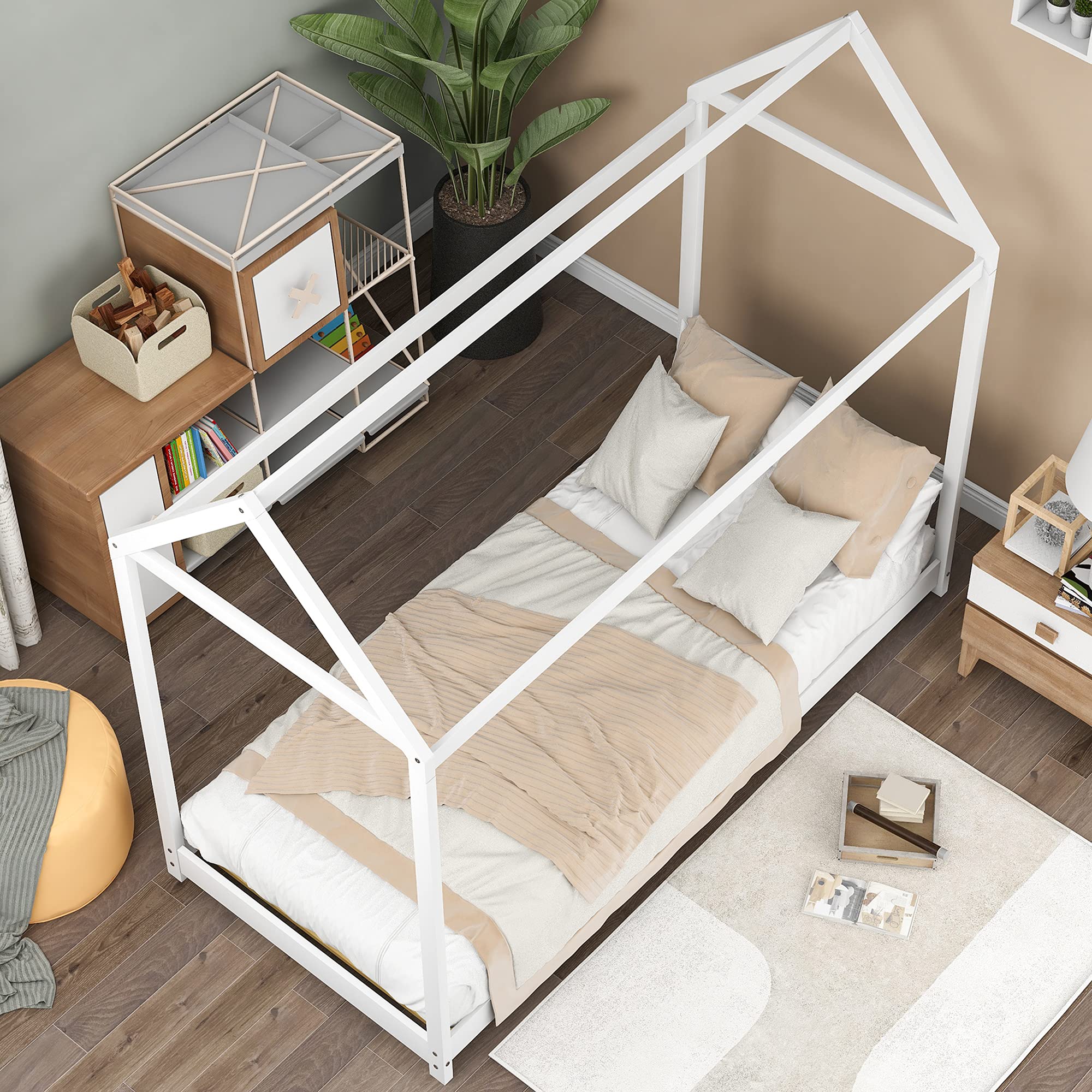 Merax Twin Size Wooden House Bed with Roof for Kids - Sturdy Wood Floor Bed Frame for Boys & Girls - Perfect for Playrooms, Bedrooms & Montessori Style Decor