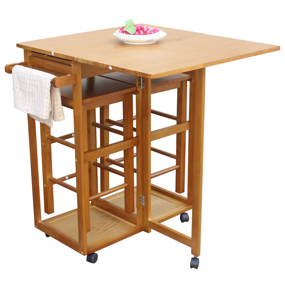 Foldable Solid Wood Drop Leaf Dining Table Set with 2 Stools & 2 Drawers - Kitchen Island Breakfast Cart, Bar Serving Trolley for Small Spaces | Perfect for Apartments, Studios & Compact Dining Rooms (Square Brown)