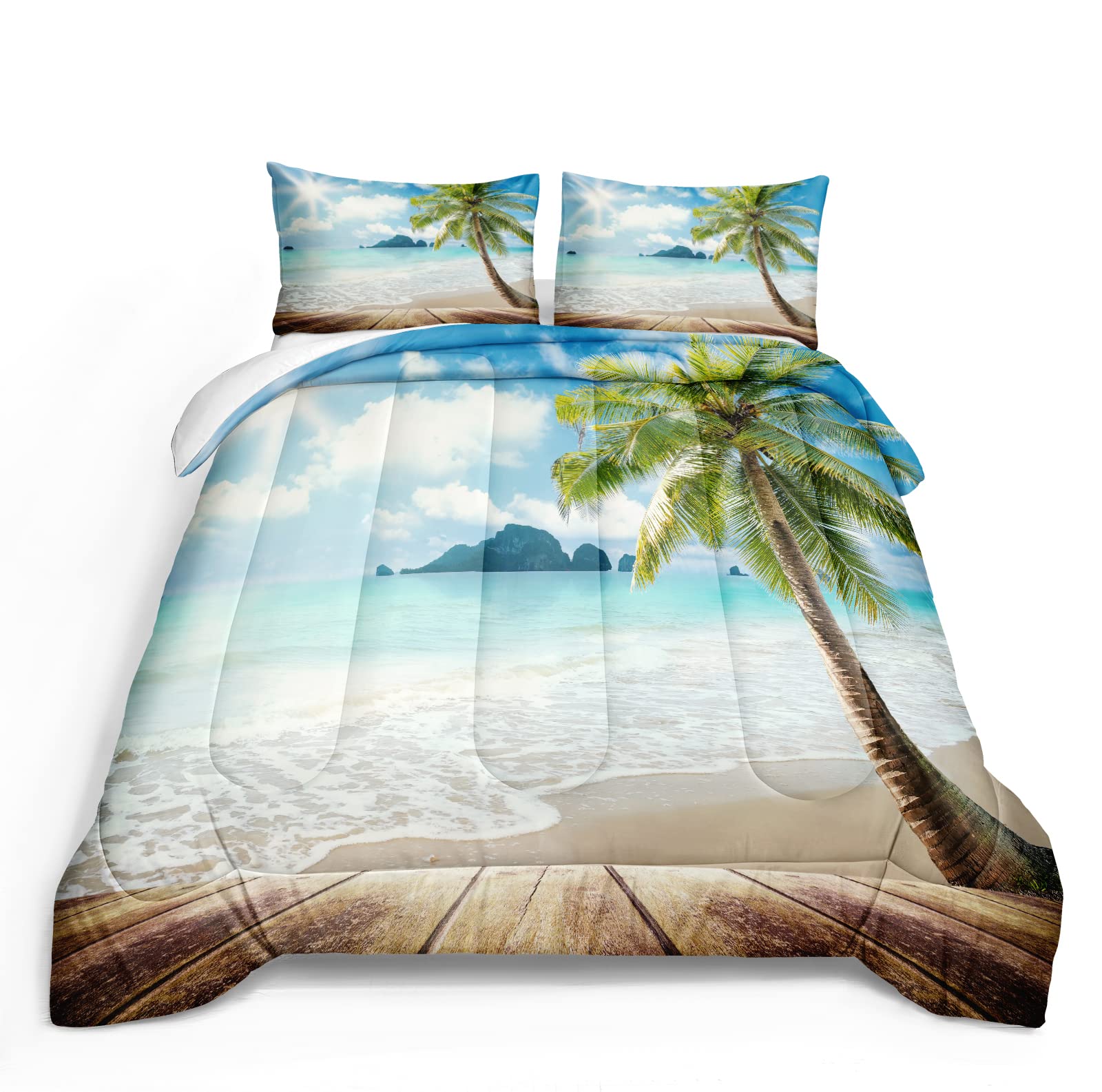 Ocean Beach Themed Twin Size Comforter Set - Tropical Coastal Palm Tree Design Bedding with 1 Comforter & 1 Pillowcase | Perfect for Beach House, Vacation Rental, or Coastal-Themed Bedroom Decor
