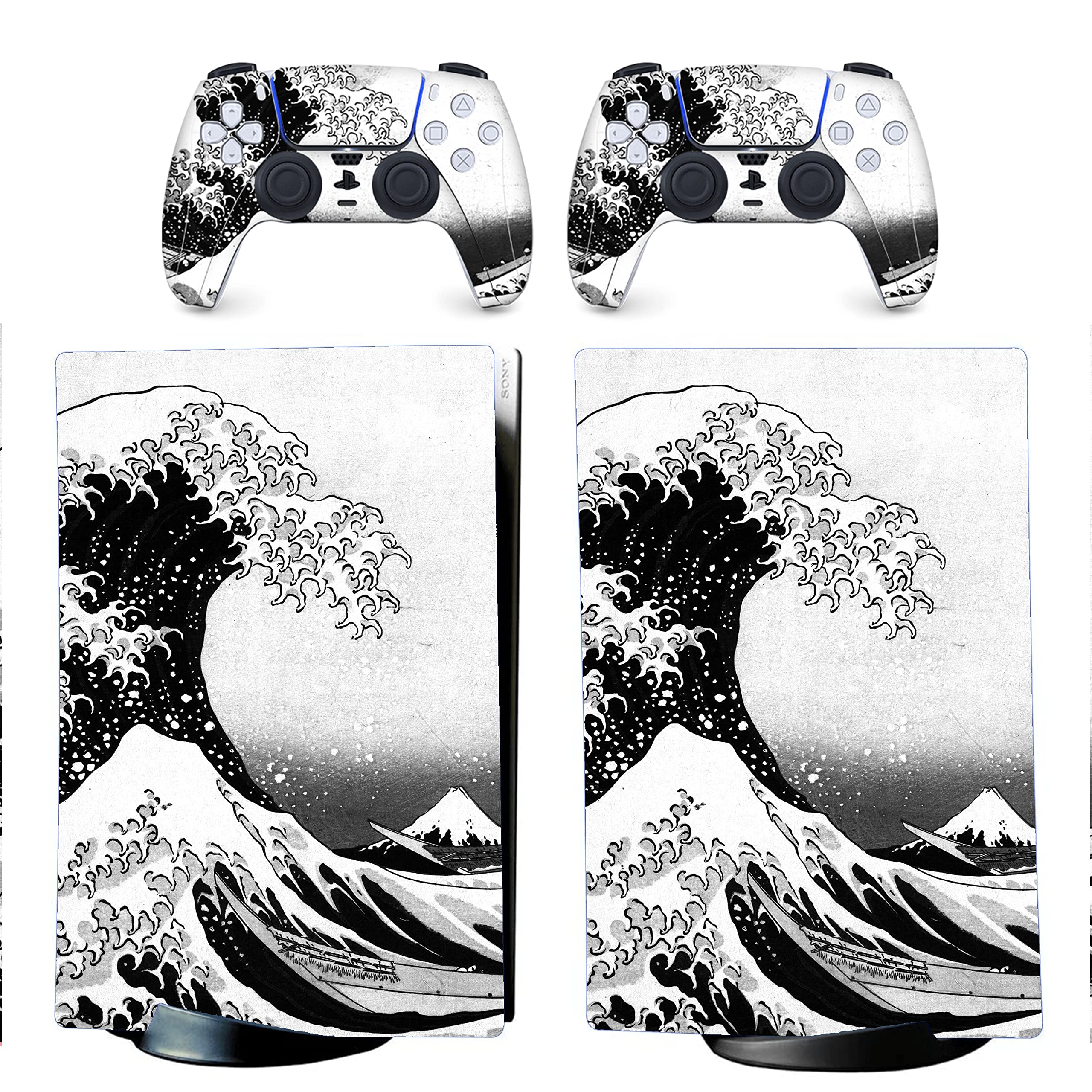 BelugaDesign PS5 Wave Japanese Skin - Great Kanagawa Vinyl Cover Wrap Sticker Full Set for Sony PlayStation 5 (PS5 Digital Edition, Black/White) | Compatible with Console & Controller | Gaming Room Decor & Protection