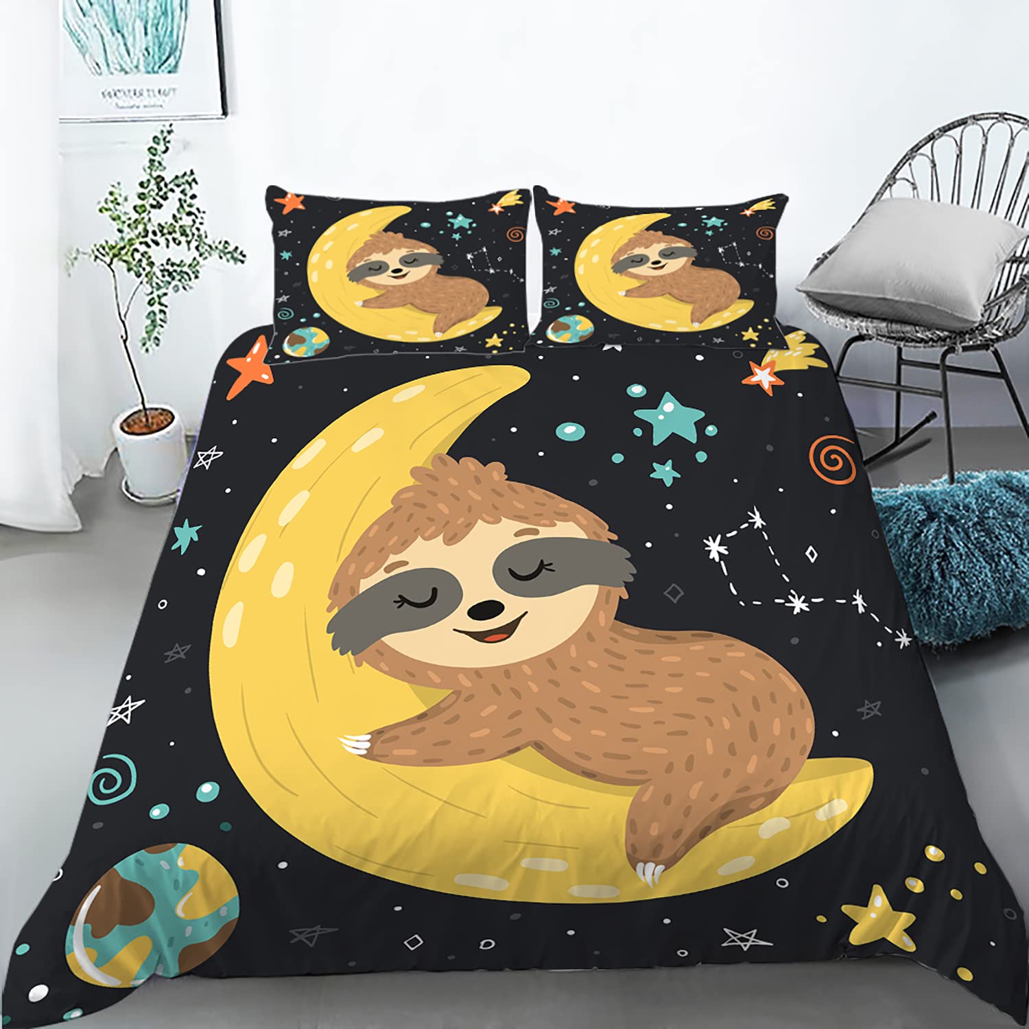 AILONEN Sloth Bedding Set Queen Size - Cartoon Sloth Duvet Cover Set for Kids, Girls & Boys - 3 Piece Bedding with 1 Quilt Cover & 2 Pillowcases - Soft Printed Sloth Pattern - Perfect for Kids' Room, Nursery Decor & Cozy Sleepovers