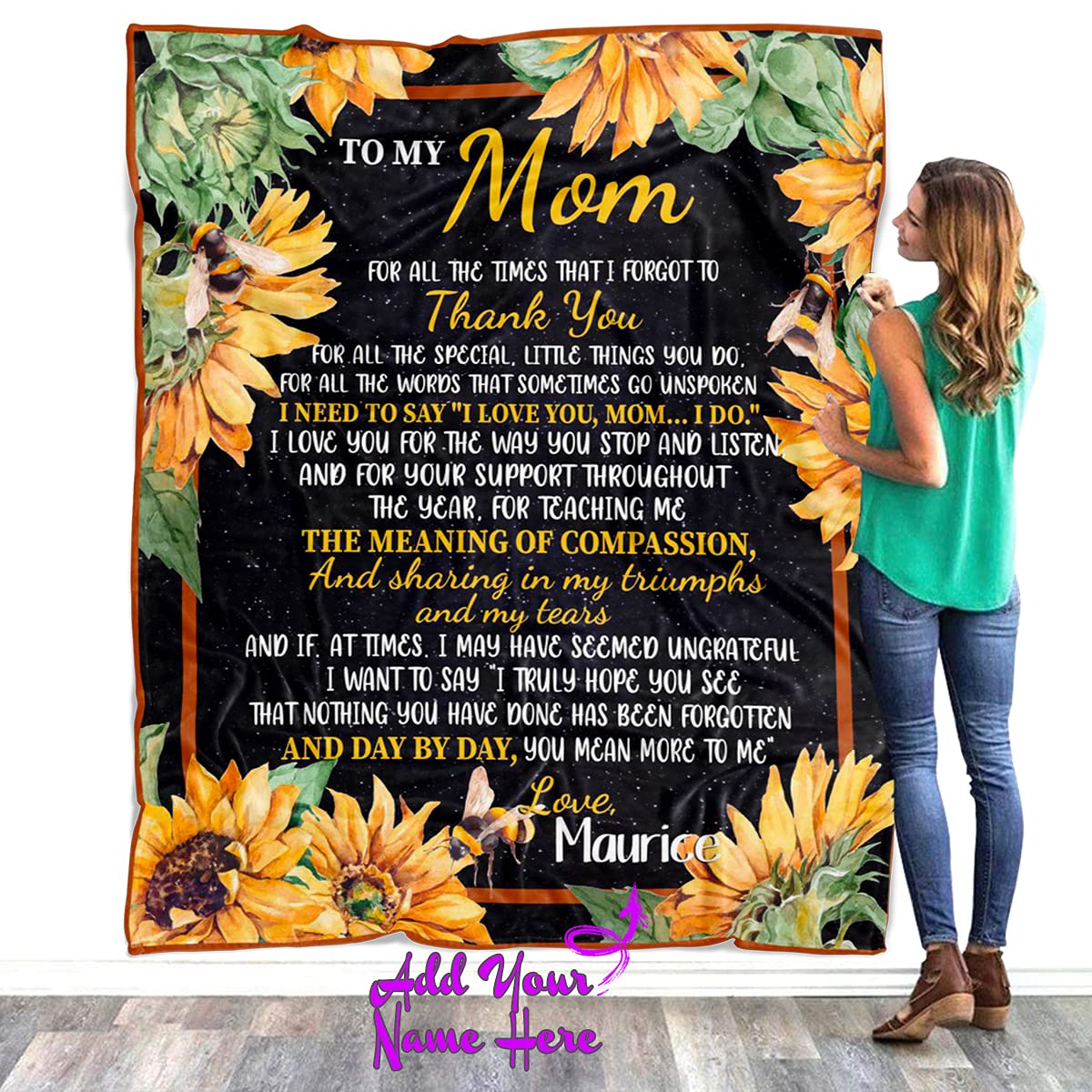 Personalized Mom's Day Fleece Throw Blanket with Kids' Names - Sunflower 'You Are My Sunshine' Design - Cozy Gift for Mother from Daughter or Son - Perfect for Cuddling, Sofa Decor & Special Occasions