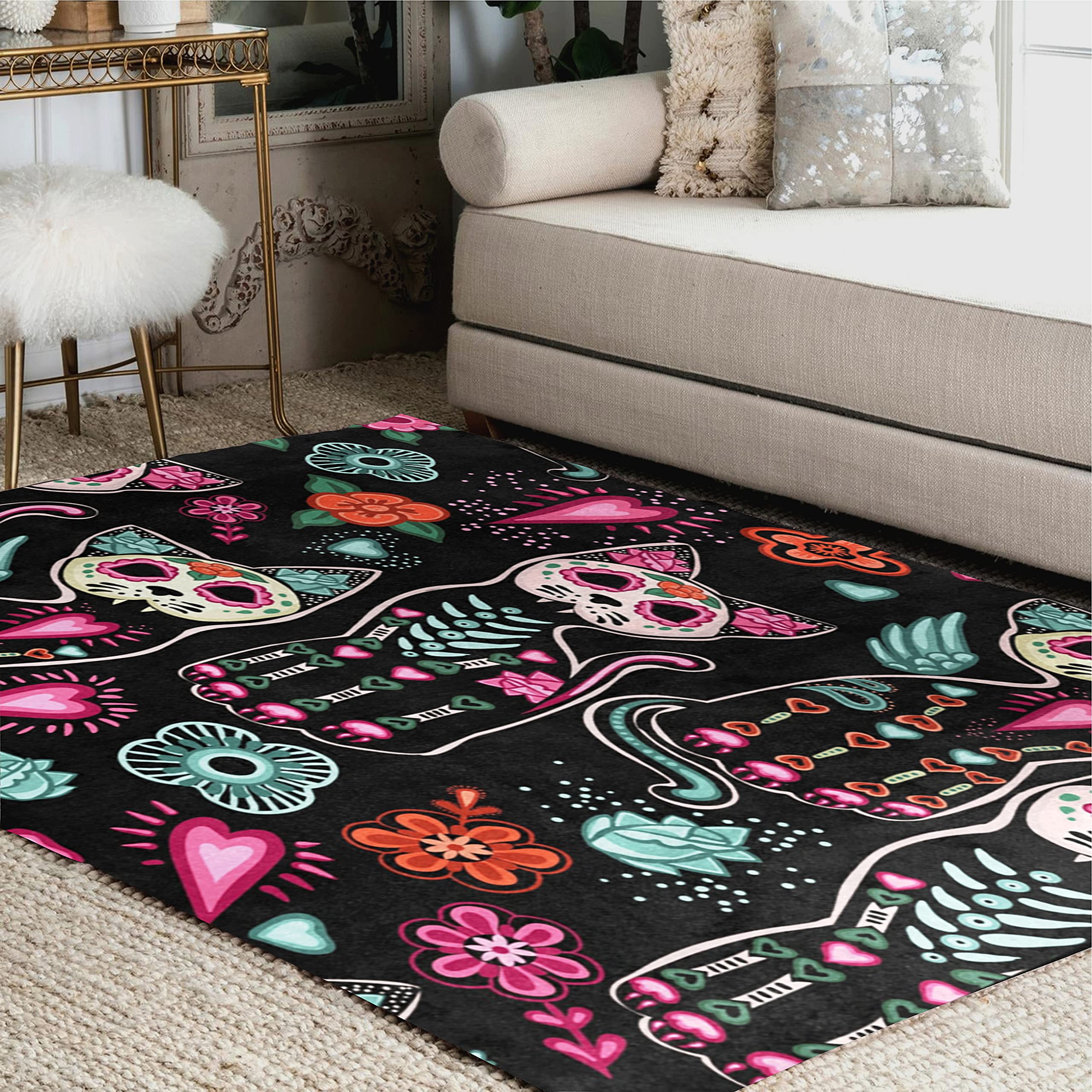 ALAZA Floral Day of The Dead Cat Sugar Skull Area Rug - 7' x 5' Soft Bohemian Rug for Living Room, Bedroom, Dorm | Perfect for Halloween Decor, Mexican Theme Parties & Home Decor