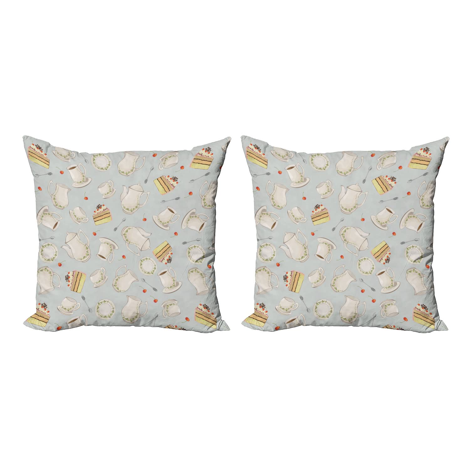 Ambesonne 2-Pack Tea Party Throw Pillow Covers 16x16 Inch - Vintage Coffee Pot, Teapot, Spoons & Cake Design in Blue Grey Red Green - Decorative Square Cushion Covers for Sofa, Bed, Living Room - Perfect for Afternoon Tea Decor & Cozy Home Accents