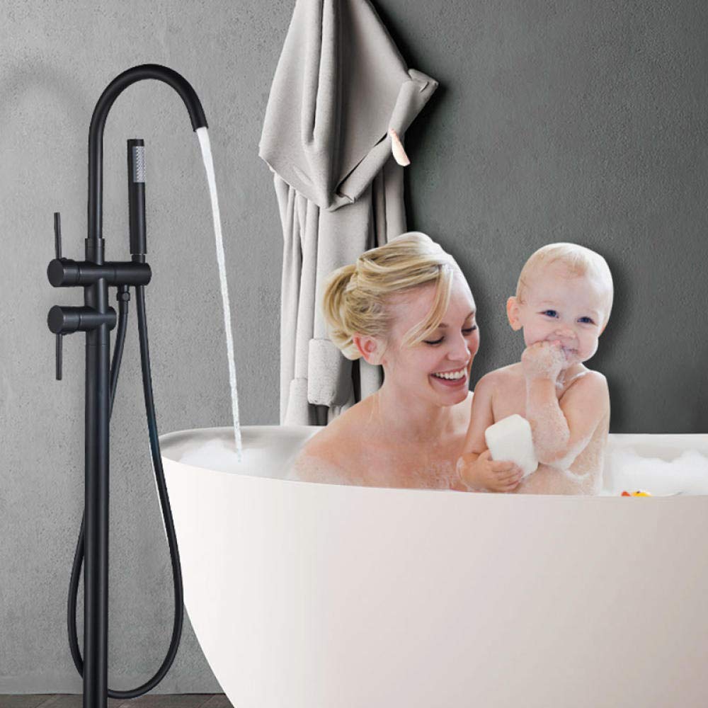 Black Bronze Floor Mounted Bathtub Shower Faucet - Dual Handle Freestanding Mixer Tap with Swivel Spout for Hot & Cold Water - Perfect for Modern Bathroom & Spa Style Showers