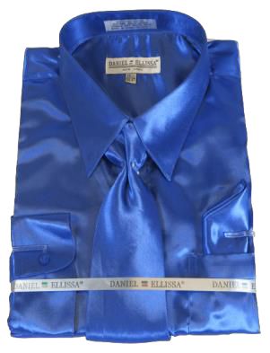 Daniel Ellissa Satin Slim Fit Men's Dress Shirt with Tie | DNS06 Royal Blue | Perfect for Weddings, Business Meetings & Formal Events
