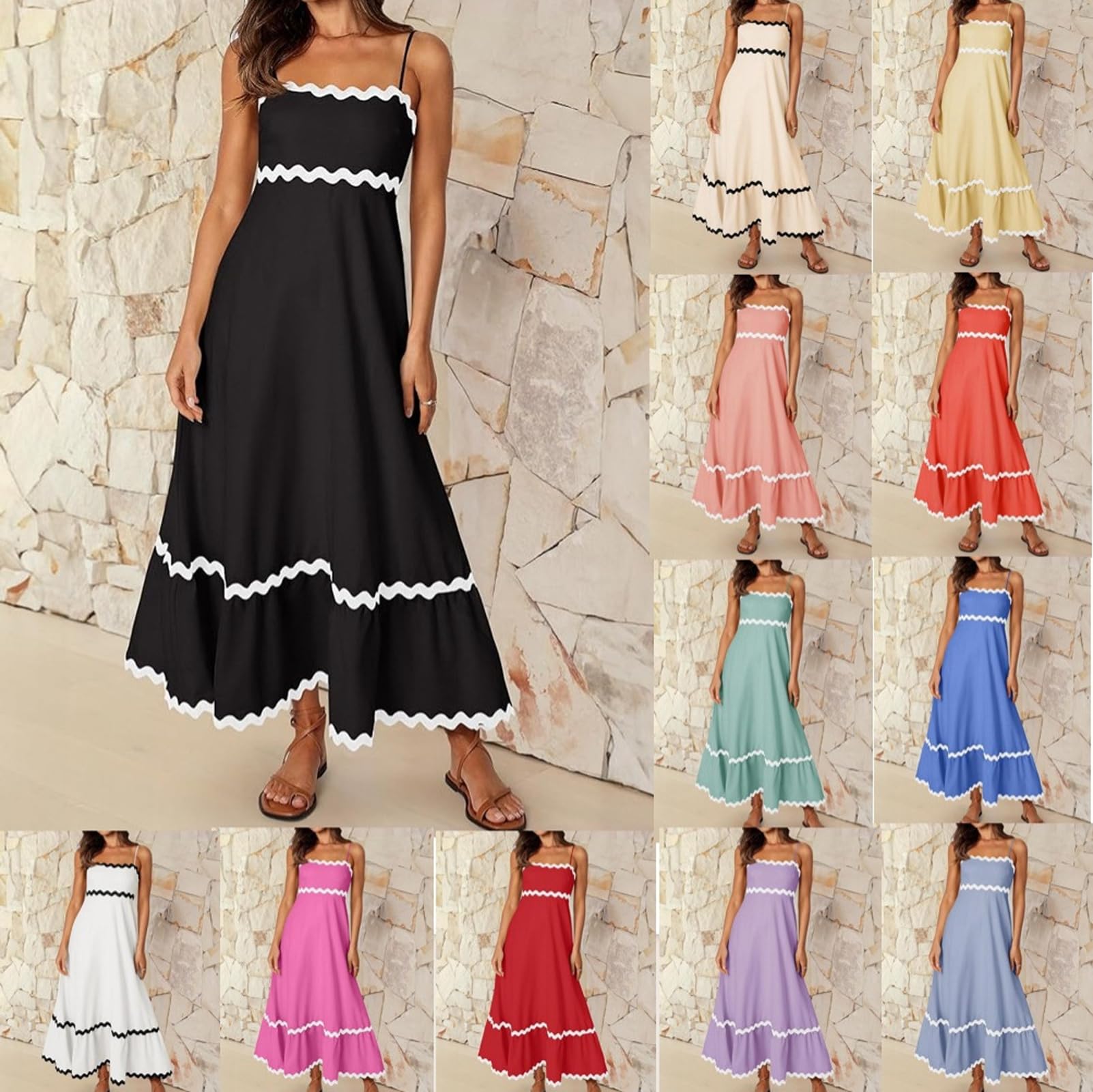 CHARTOU Women's Summer Sleeveless Flowy Midi Dress - Lace Spaghetti Strap A-Line Sundress with Ruffle & Smocked Waist | Perfect for Beach Vacations, Date Nights & Summer Parties