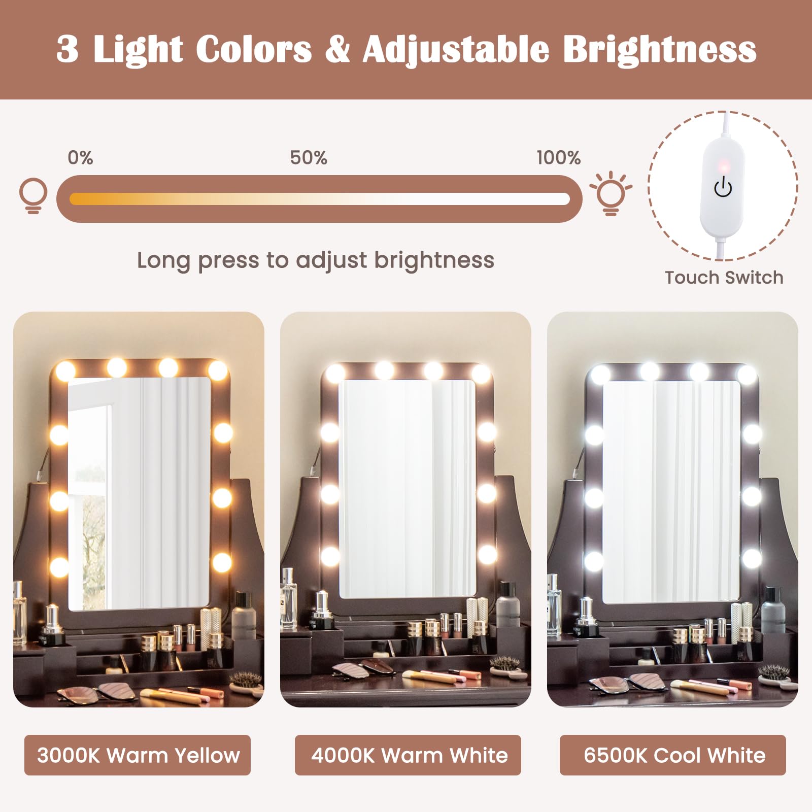 Charmaid Vanity Desk with LED Lights & Mirror - Modern Makeup Dressing Table with 5 Storage Drawers, 3 Color Lighting Modes, Adjustable Brightness & Stool - Espresso Finish for Bedroom, Boudoir & Beauty Room Organization