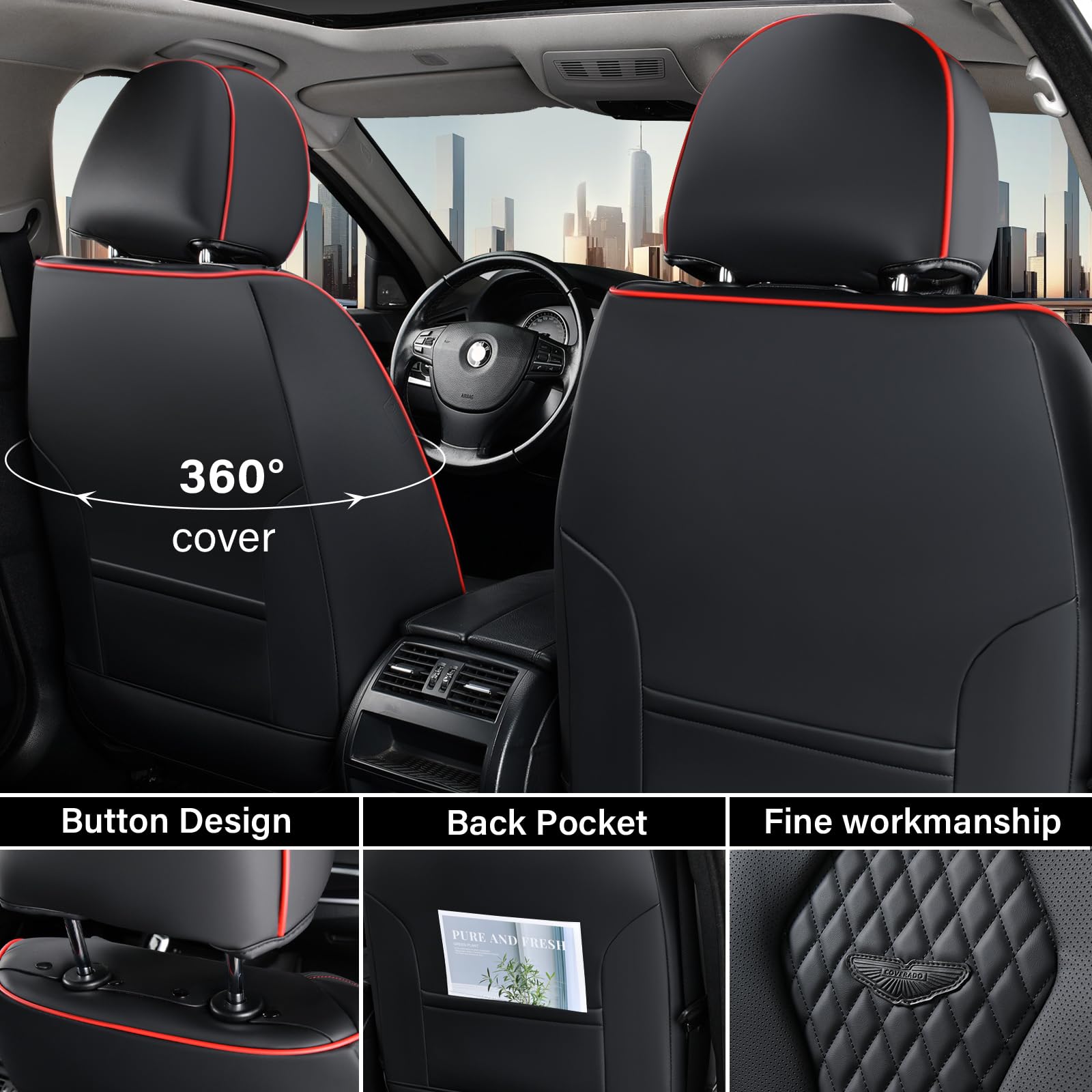 Universal Waterproof Car Seat Covers Full Set - Black with Red Stitching | Front & Back Seat Protectors for Most Vehicles | Perfect for Pets, Kids & Daily Commute