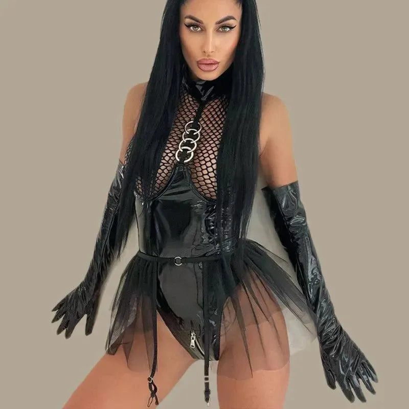 Sexy Halter Neck Leather Lingerie Bodysuit for Women - Black Mesh Grid Design - Perfect for Valentine's Day, Boudoir Photography & Role Play