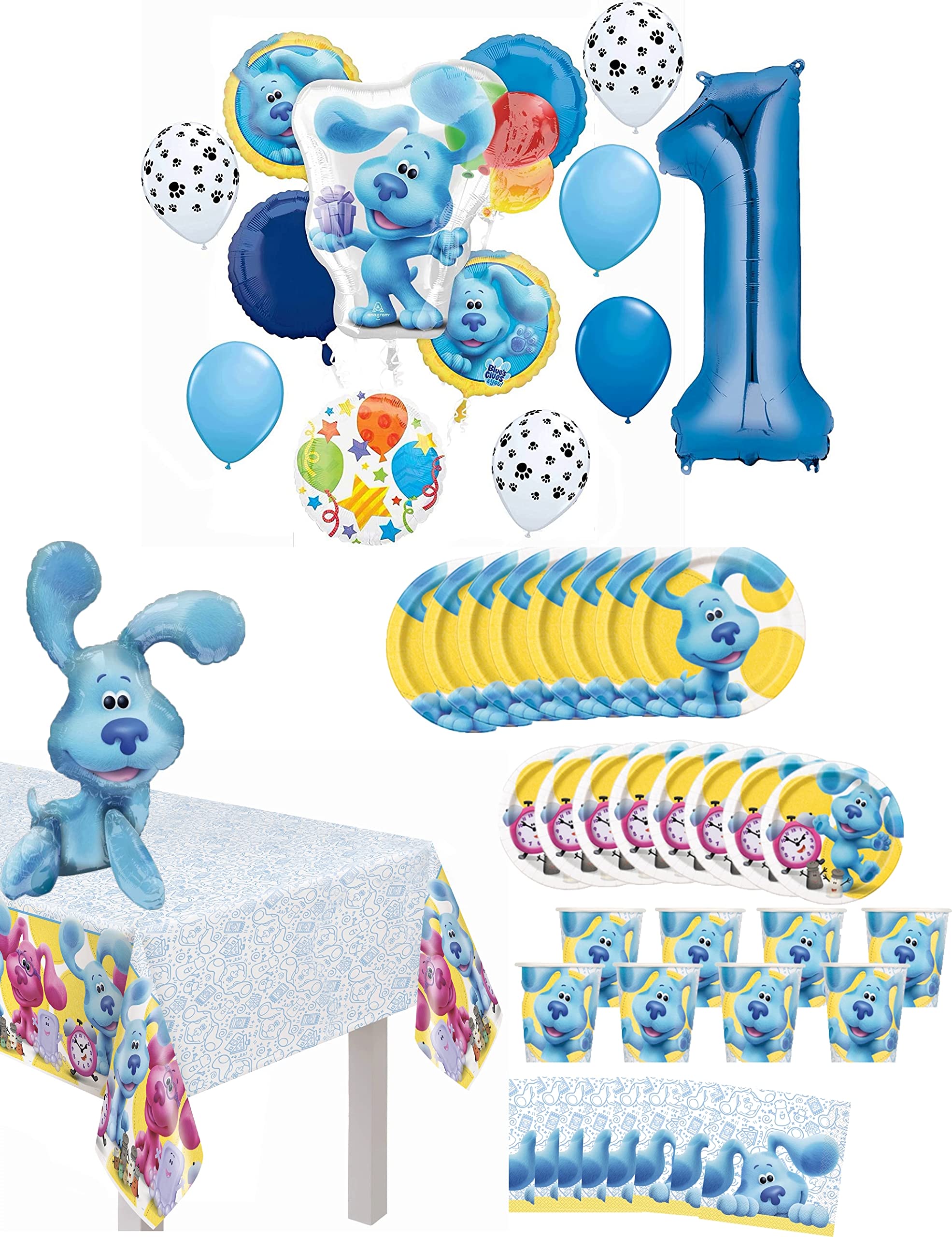 Blues Clues 1st Birthday Party Supplies - 8 Guest Table Dining Set & Balloon Bouquet Decorations Kit for Baby's First Birthday Celebration