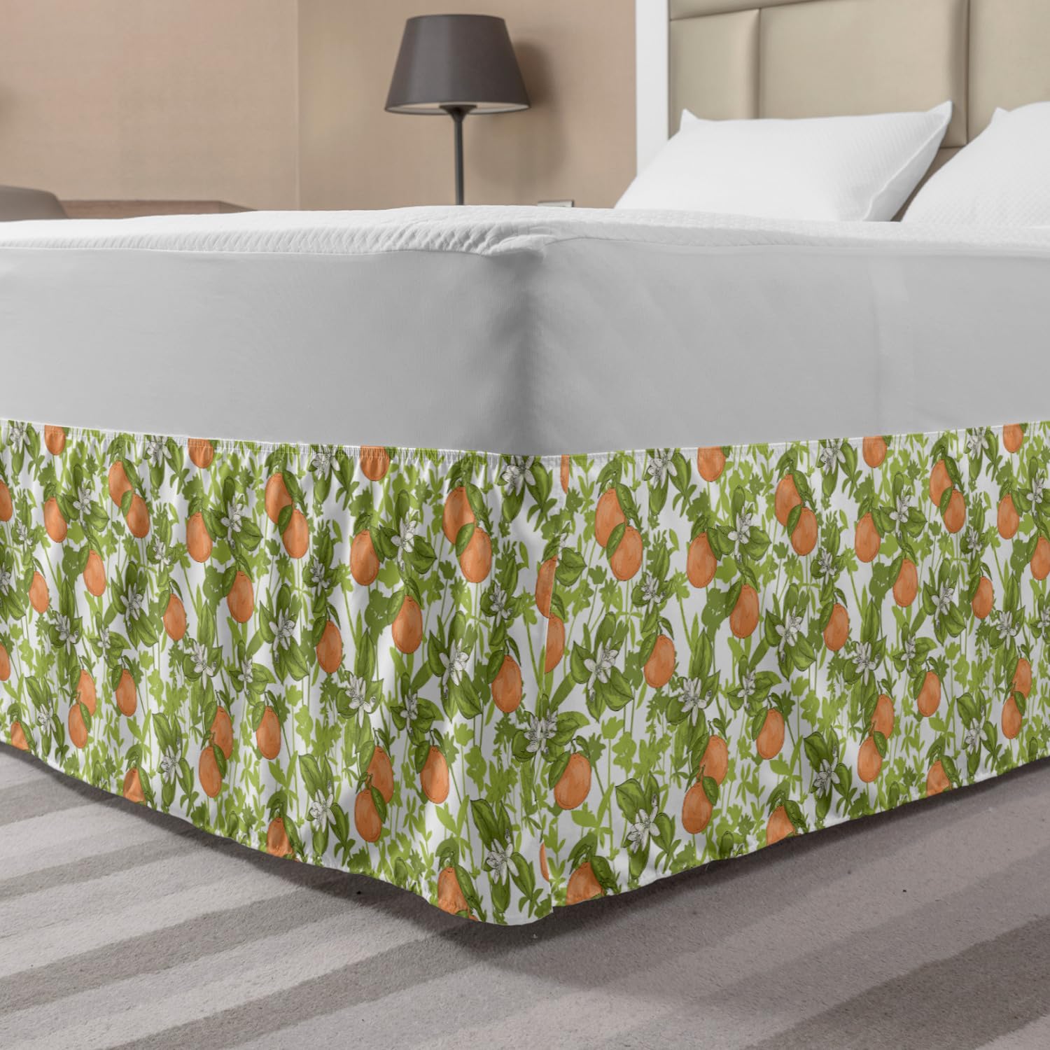 Ambesonne Vintage Tangerine Bed Skirt - King Size Elastic Wrap Around Dust Ruffle with Mandarin & Floral Pattern in Orange Olive Green | Perfect for Bedroom Decor & Guest Room Styling