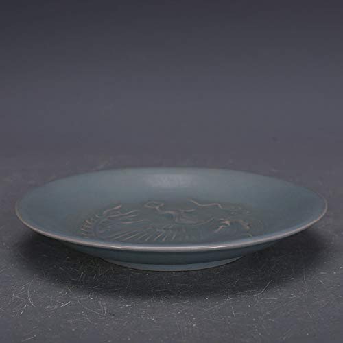 XinAndy Song Dynasty Ru Kiln Celadon Glazed Carved Phoenix Pattern Plates & Saucers Set - Antique Chinese Porcelain Tableware for Home Decor, Wedding Gift & Tea Ceremony