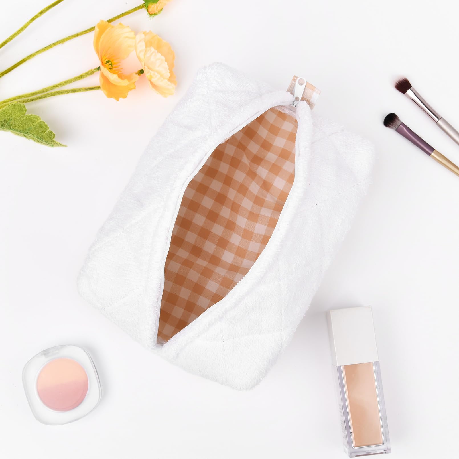 Terry Quilted Cosmetic Bag | Puffy Coquette Makeup Pouch | Aesthetic Cotton White Travel Toiletry Organizer | Makeup Brushes Storage Bag for Women | Perfect for Travel, Gym & Daily Beauty Essentials