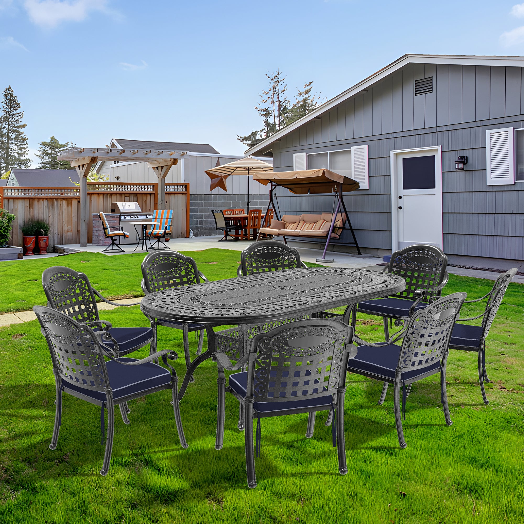 9-Piece Cast Aluminum Patio Furniture Set with Cushions - Outdoor Dining & Lounge Set for Garden, Poolside, and Backyard Relaxation