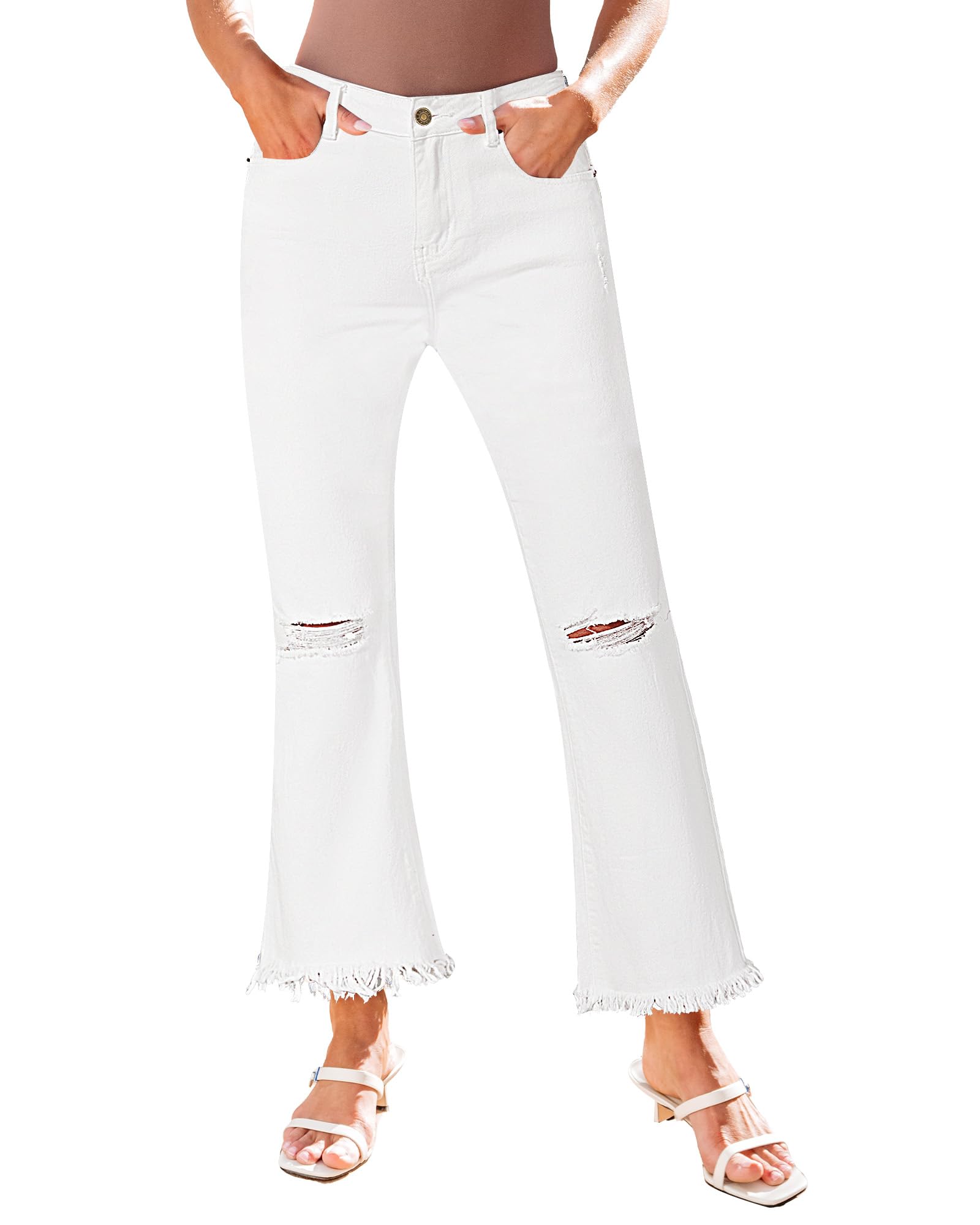 GRAPENT Women's Flare Jeans - High Waisted Cropped Ripped Denim Pants with Stretchy Wide Leg & Raw Hem | Trendy Ankle Jeans for Casual Outfits, Date Night & Street Style
