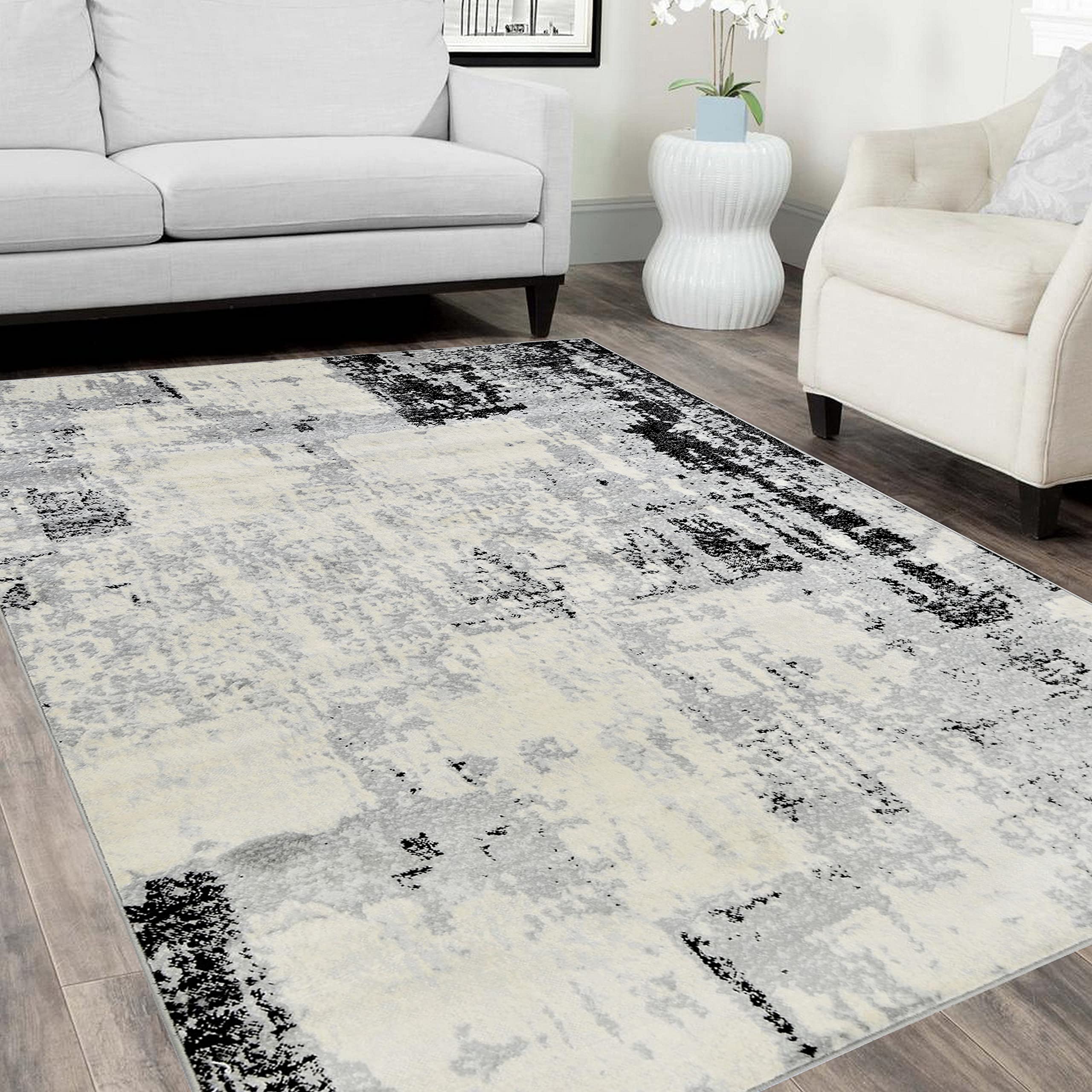 HR Abstract Rugs - Luxury Modern Contemporary 8x10 Black Area Rug - Ultra Soft, Shed Free, Stain Resistant & Easy Clean - Black/Silver/Gray/White (7'74