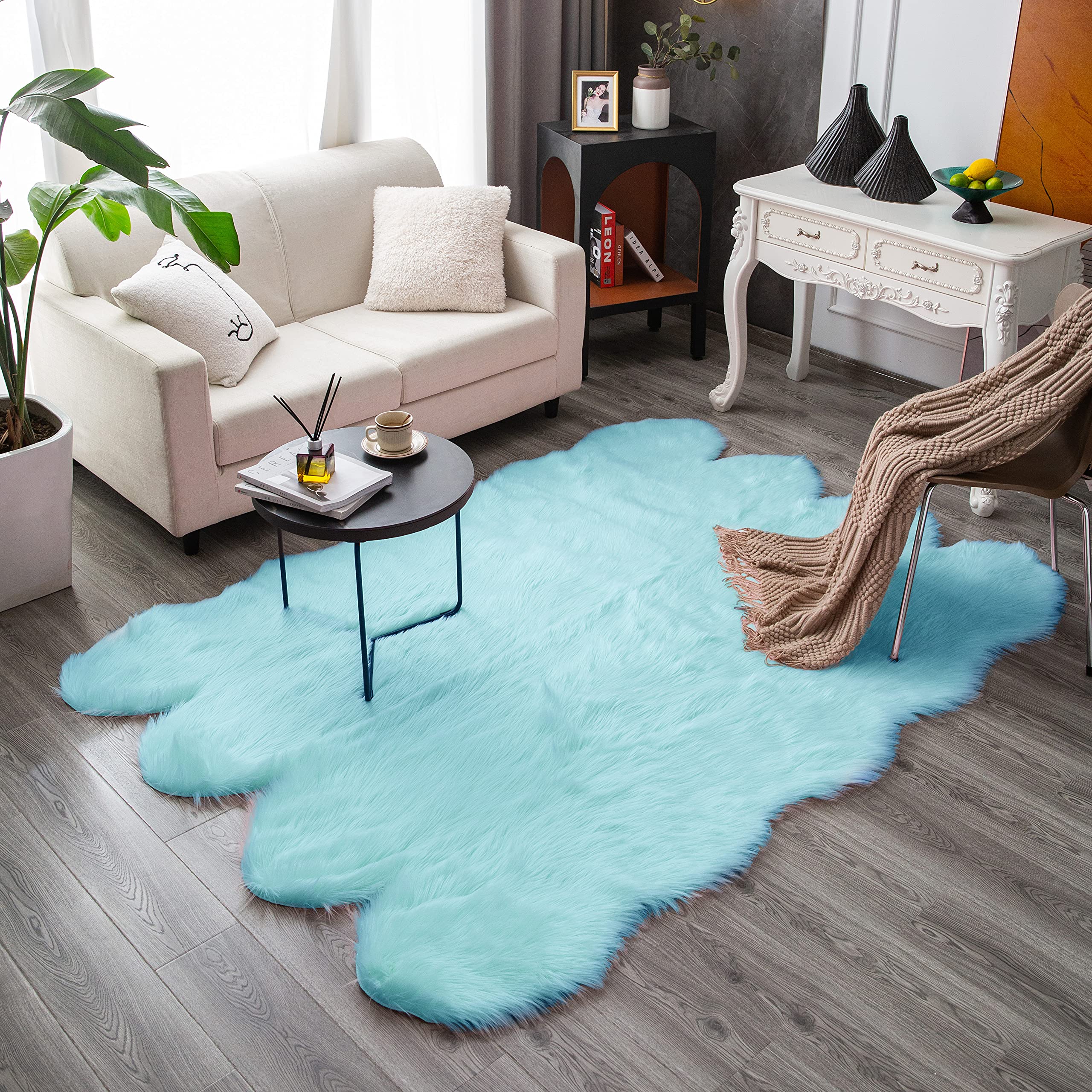 Luxury Soft Faux Sheepskin Fur Chair Cover - 5x7 ft Teal Area Rug for Couch, Sofa & Bedroom Floor - Cozy Living Room Decor for Winter & Home Staging