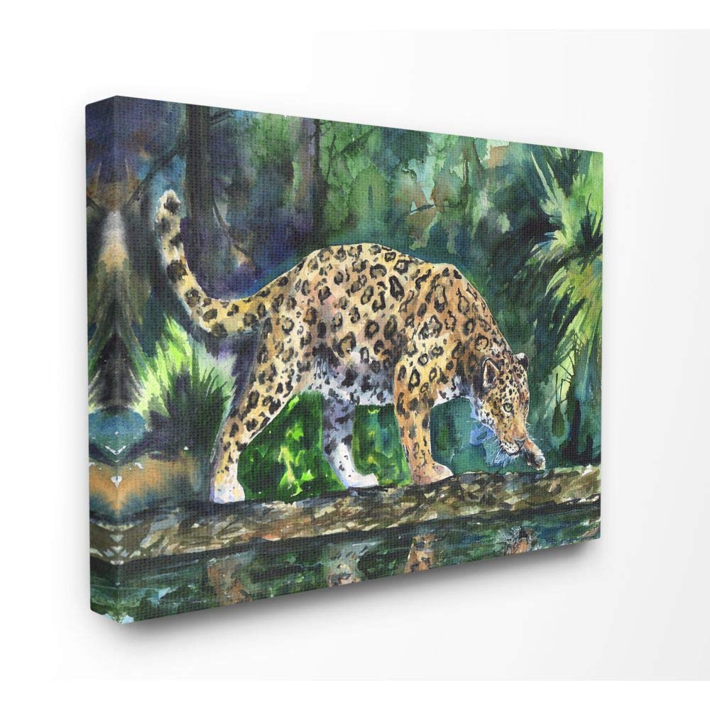 Stupell Industries Jaguar Large Cat Animal Green Watercolor Painting - Wall Art Decor for Living Room, Bedroom & Office