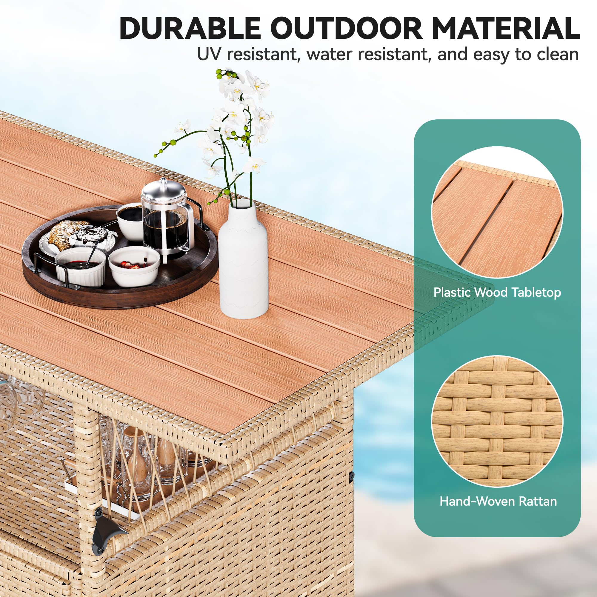 YITAHOME XL Outdoor Storage Cabinet - Weather-Resistant Patio Wicker Bar Table with Plastic Wood Tabletop, Wine Glass Holders & Built-in Bottle Opener, Light Brown - Perfect for Backyard, Deck, Poolside & Outdoor Entertaining