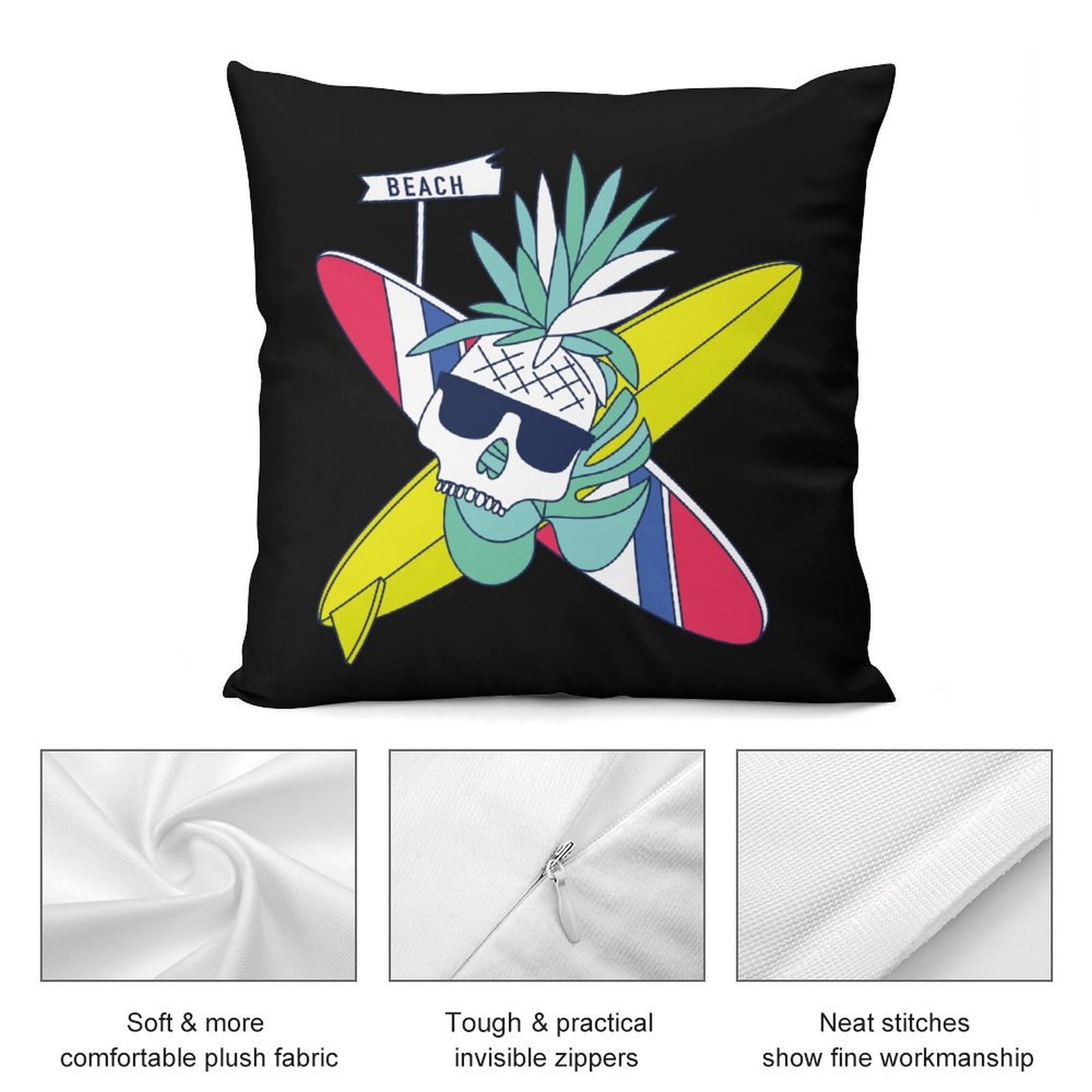 Surfboard Skull Pineapple Plush Pillow Covers - Soft 16x16 Inch Cushion Cases for Sofa, Bed, Dorm (Set of 4) - Tropical Home Decor & Beach House Accessories