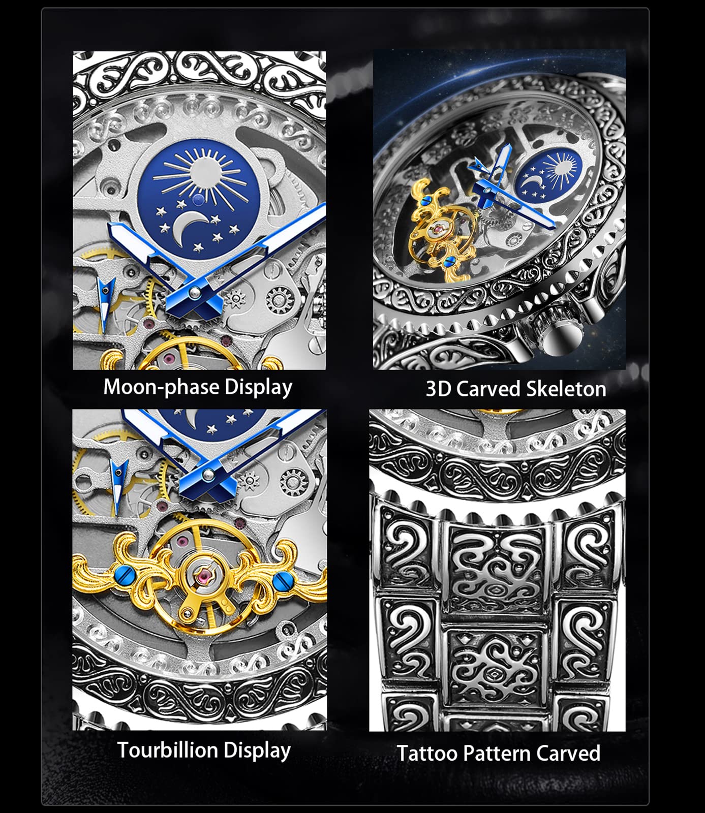Mechanical Skeleton Watch for Men - Auto Wind Moonphase - Tattoo Pattern - FH094 - Perfect for Formal & Casual Wear