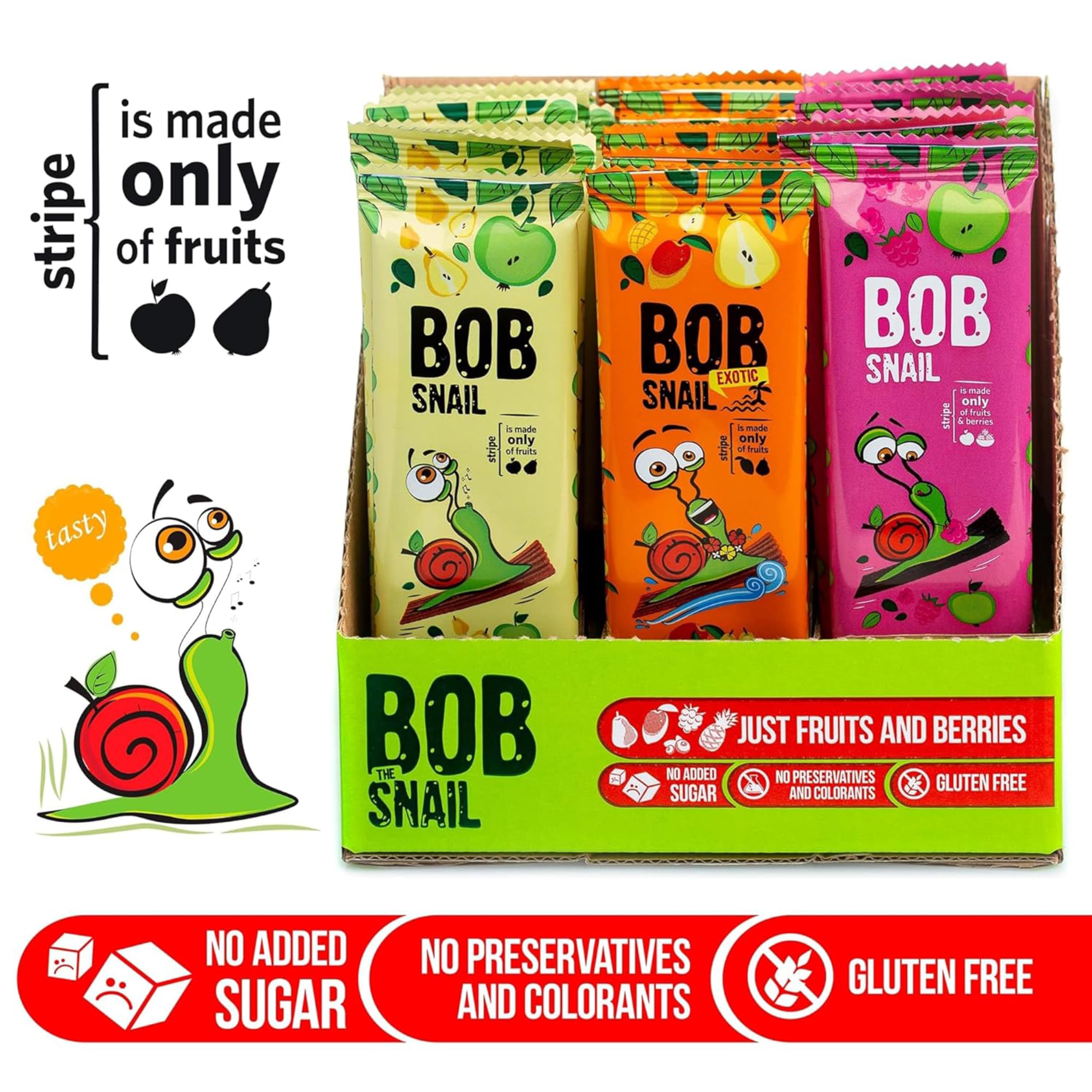 BOB SNAIL Healthy Fruit Snacks Variety Pack - 30 Individually Wrapped Gluten-Free Vegan Low Carb Snack Bars with Natural Mango, Raspberry, Pear & Apple Flavors - No Sugar Added for Kids & Adults - Perfect for School Lunches, Office Snacks & On-the-Go Energy