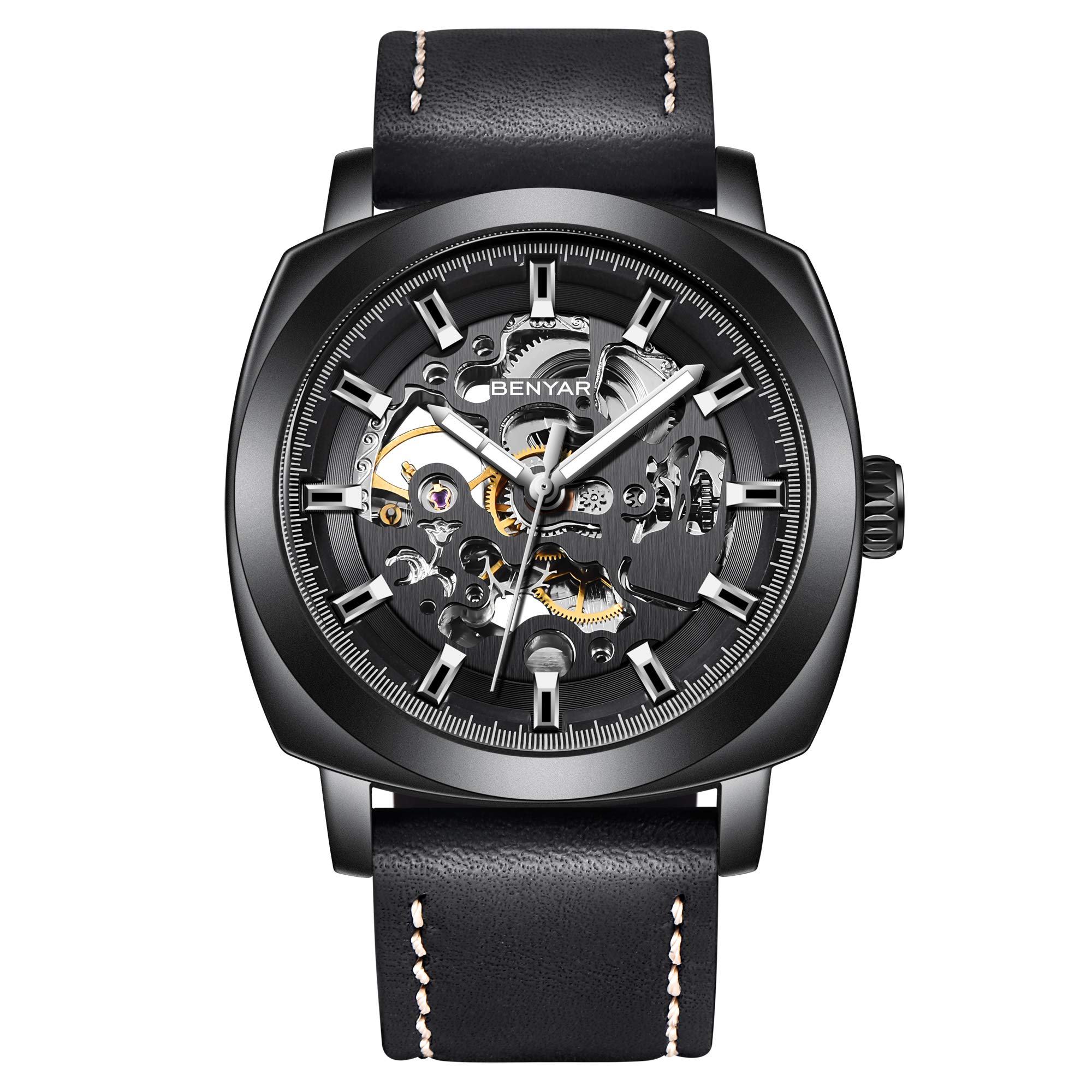BENYAR Automatic Skeleton Mechanical Watch for Men - Black Leather Strap, Waterproof, Business & Casual Style | Perfect for Office, Formal Events & Everyday Wear