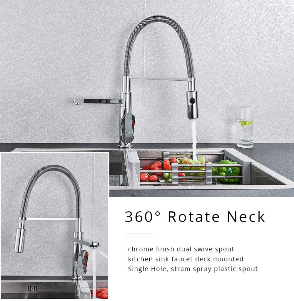 Stainless Steel Chrome Pull Down Kitchen Faucet - Deck Mounted 2-Handle Swivel Spout with Hot & Cold Water Control, Stream Spray and Kitchen Shower Head - Perfect for Modern Home Kitchen Sink and Dishwashing