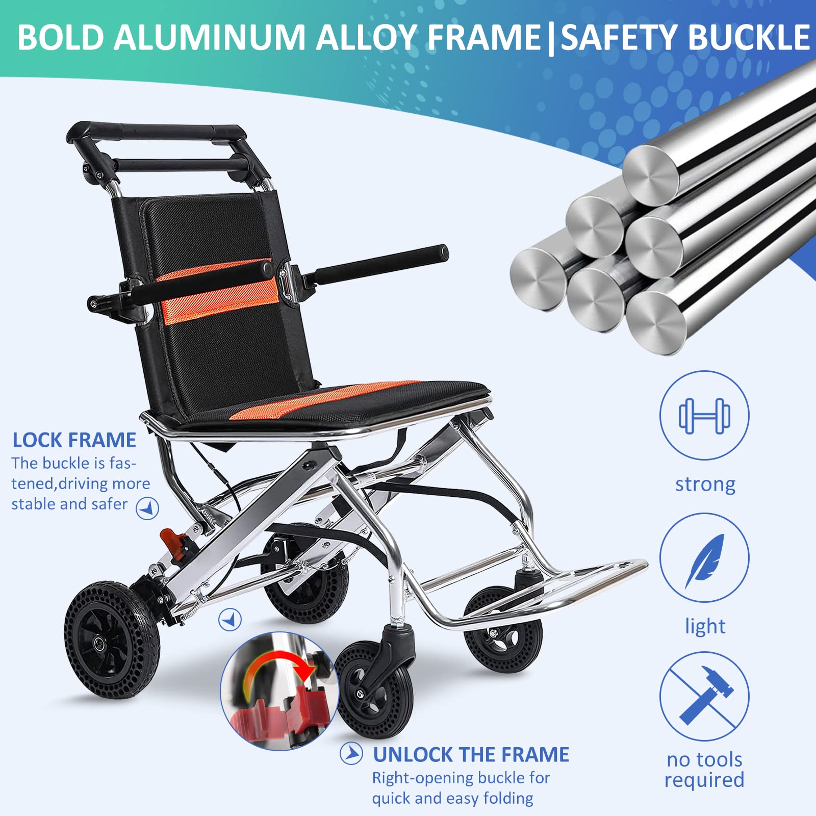 Lightweight Folding Wheelchair for Adults & Elderly - Portable Travel Wheelchair with Handbrake, Aluminum Frame for Airplane & Daily Use - Ideal for Seniors, Disabled & Hospital Transport