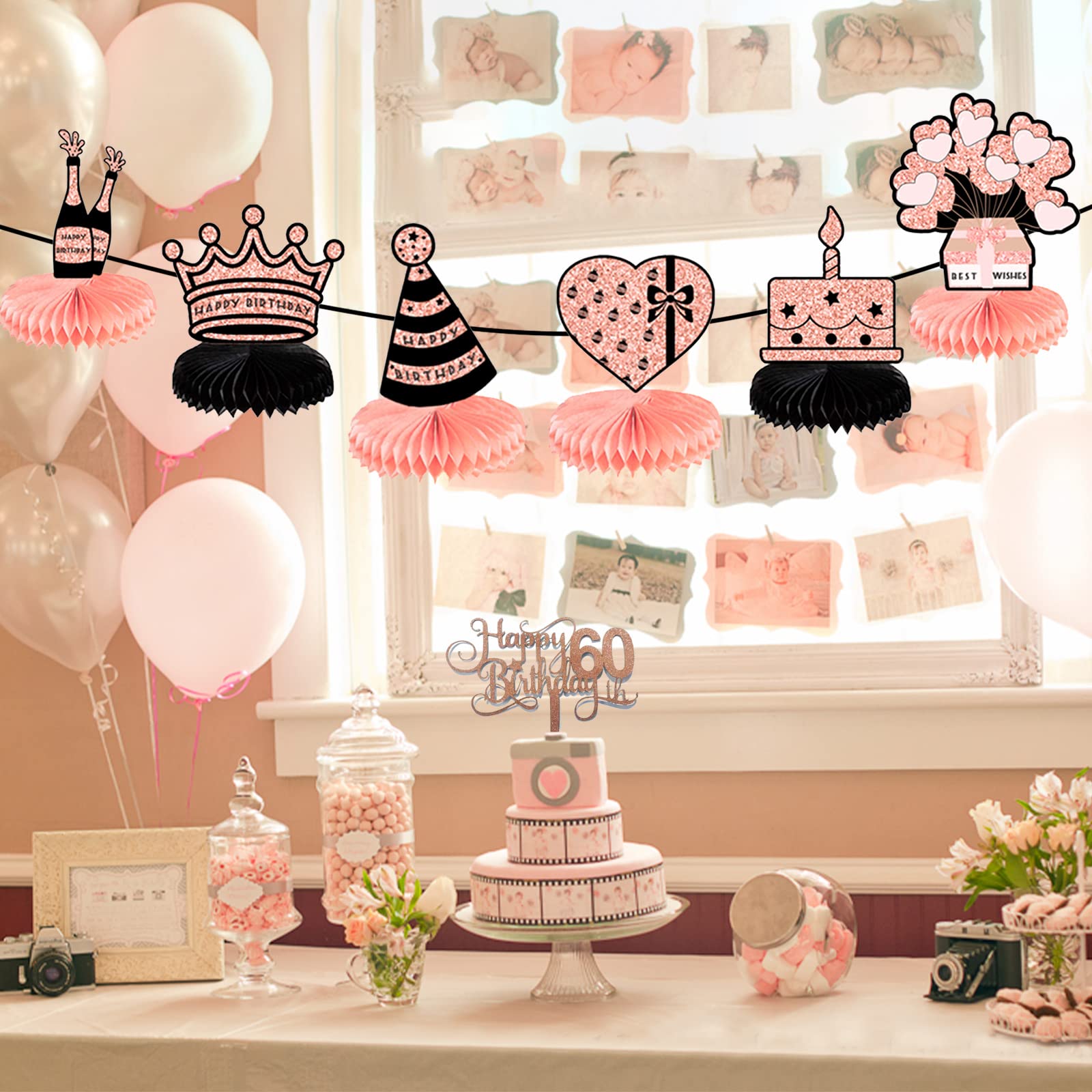 60th Birthday Decorations Rose Gold - 10PCs Honeycomb Centerpieces for Party Tables & Cake Toppers - Perfect for Women's 60 Year Celebration