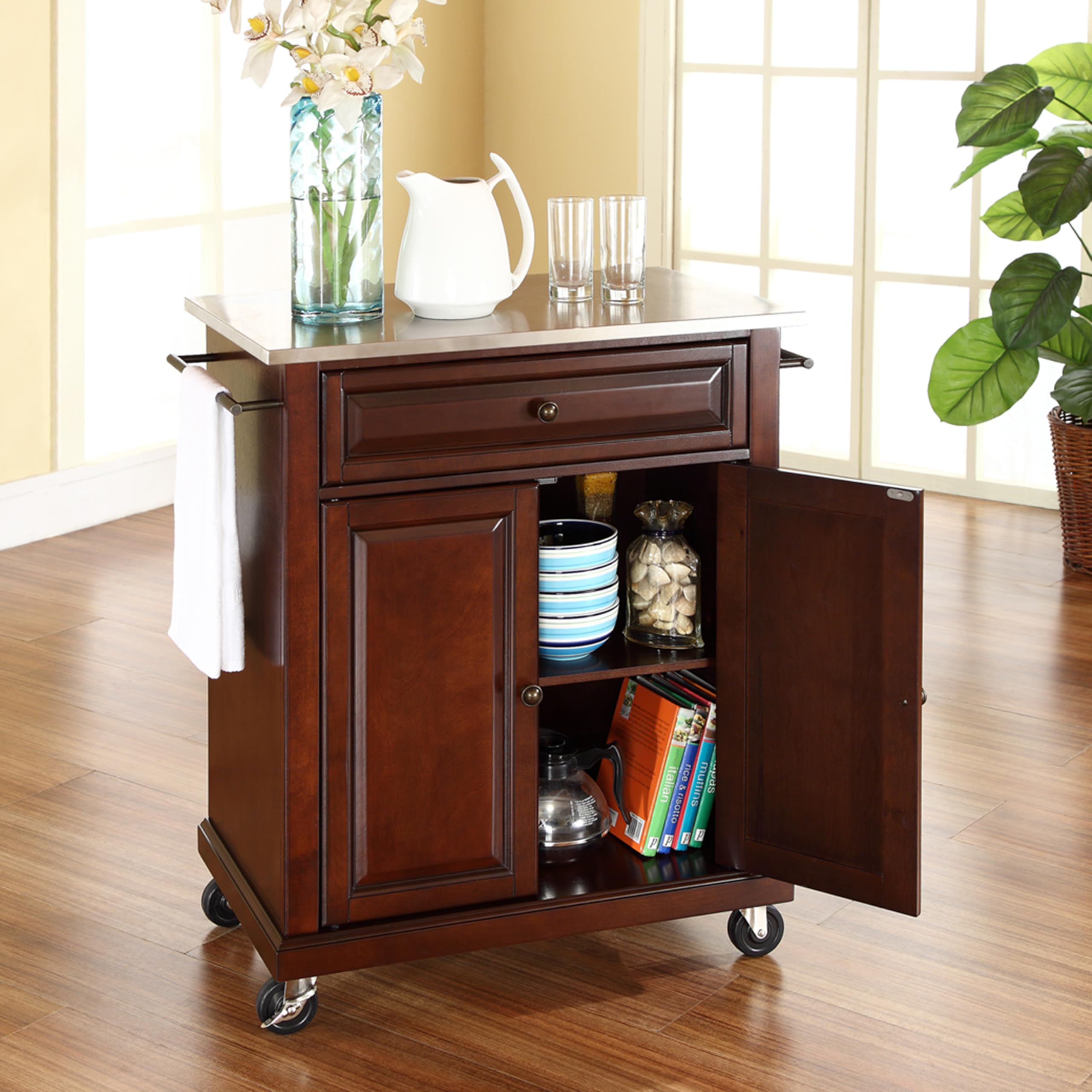 Crosley Compact Stainless Steel Rolling Kitchen Cart with 3 Shelves - Microwave Stand, Towel Rack & Storage Organizer for Small Spaces - Perfect for Apartments, Dorms, Kitchens & Bathrooms