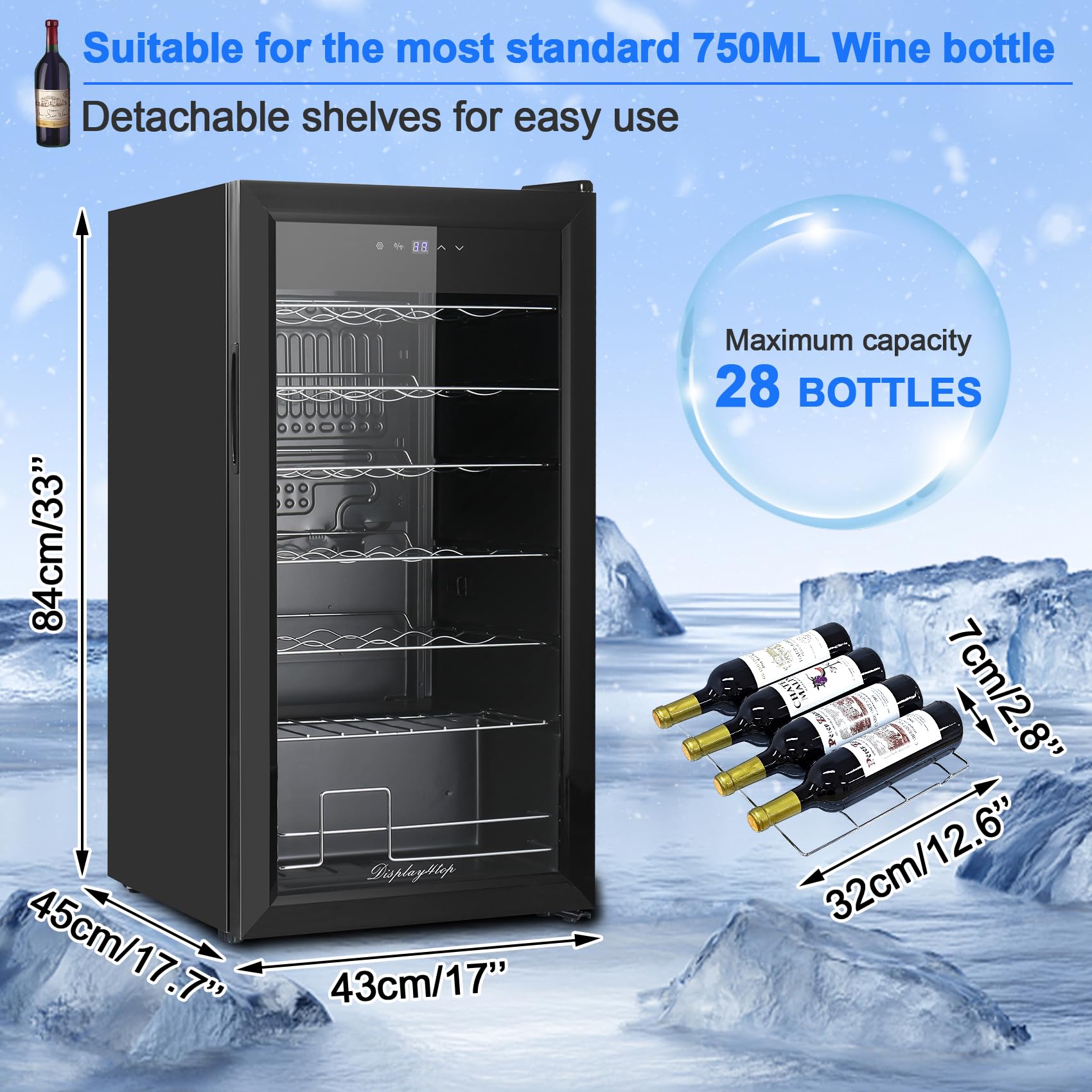 Display4top 28 Bottle Wine Cooler Refrigerator with Digital Touch Screen - Black | Freestanding Wine Fridge for Home, Office, or Restaurant Use