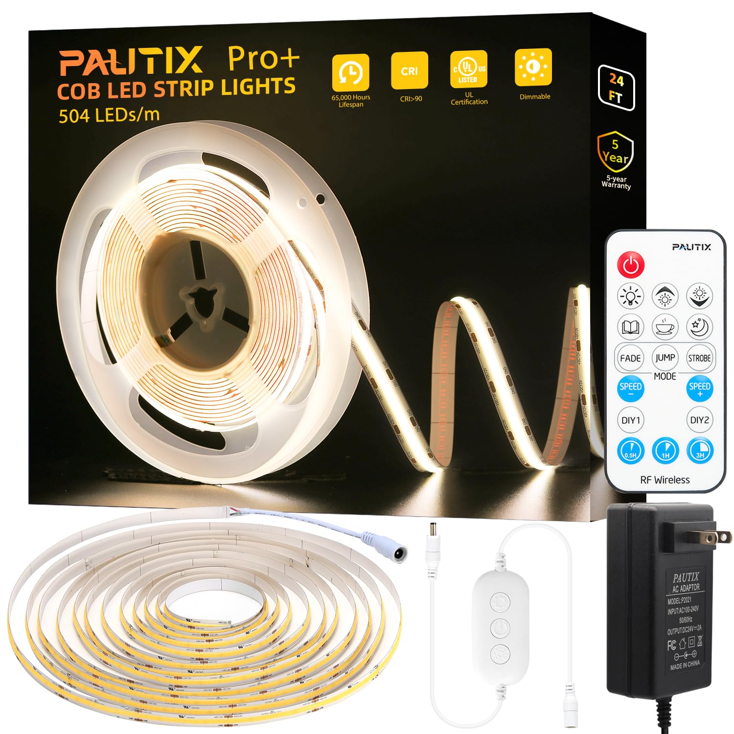 PAUTIX COB LED Strip Light 3780 LEDs - Ultra Bright 8000 Lumens 4000K Natural White 24ft - Dimmable 24V LED Tape Light with 3M Adhesive & RF Remote (Timer Function) - 48W Power Supply - Perfect for Bedroom, Kitchen, Home Decor, DIY Projects & Accent Lighting