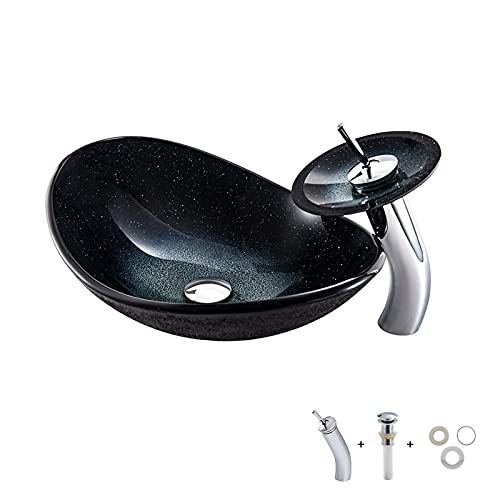 LEFEDA Oval Tempered Glass Bathroom Vessel Sink with Matching Faucet & Pop-Up Drain - Modern Above Counter Vanity Basin Set for Bathroom Remodeling - Perfect for Contemporary Home, Hotel, and Spa Decor