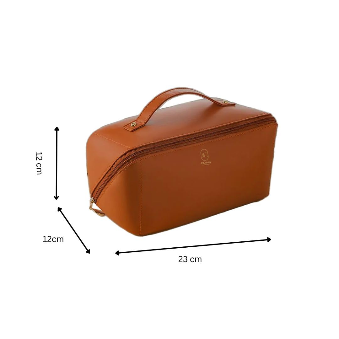ATHLUVITY Premium Makeup Pouch - Waterproof Cosmetic Organizer Bag for Women | Travel Makeup Case with Multiple Pockets | Perfect for Home, Office & Vacation (Brown)