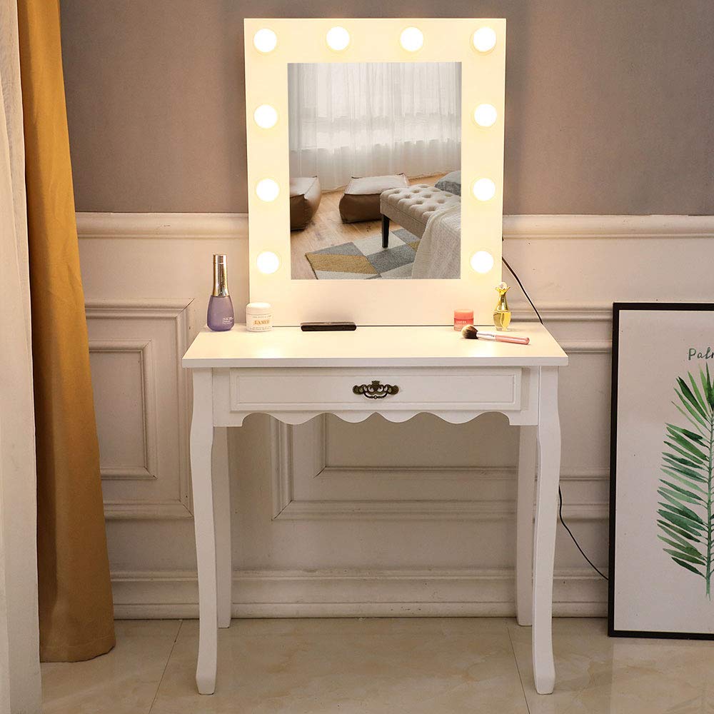 Red Vanity Table with Mirror & 10 LED Lights - White Dressing Table with Drawer for Bedroom Makeup & Beauty Routine | Perfect for Small Spaces & Home Decor