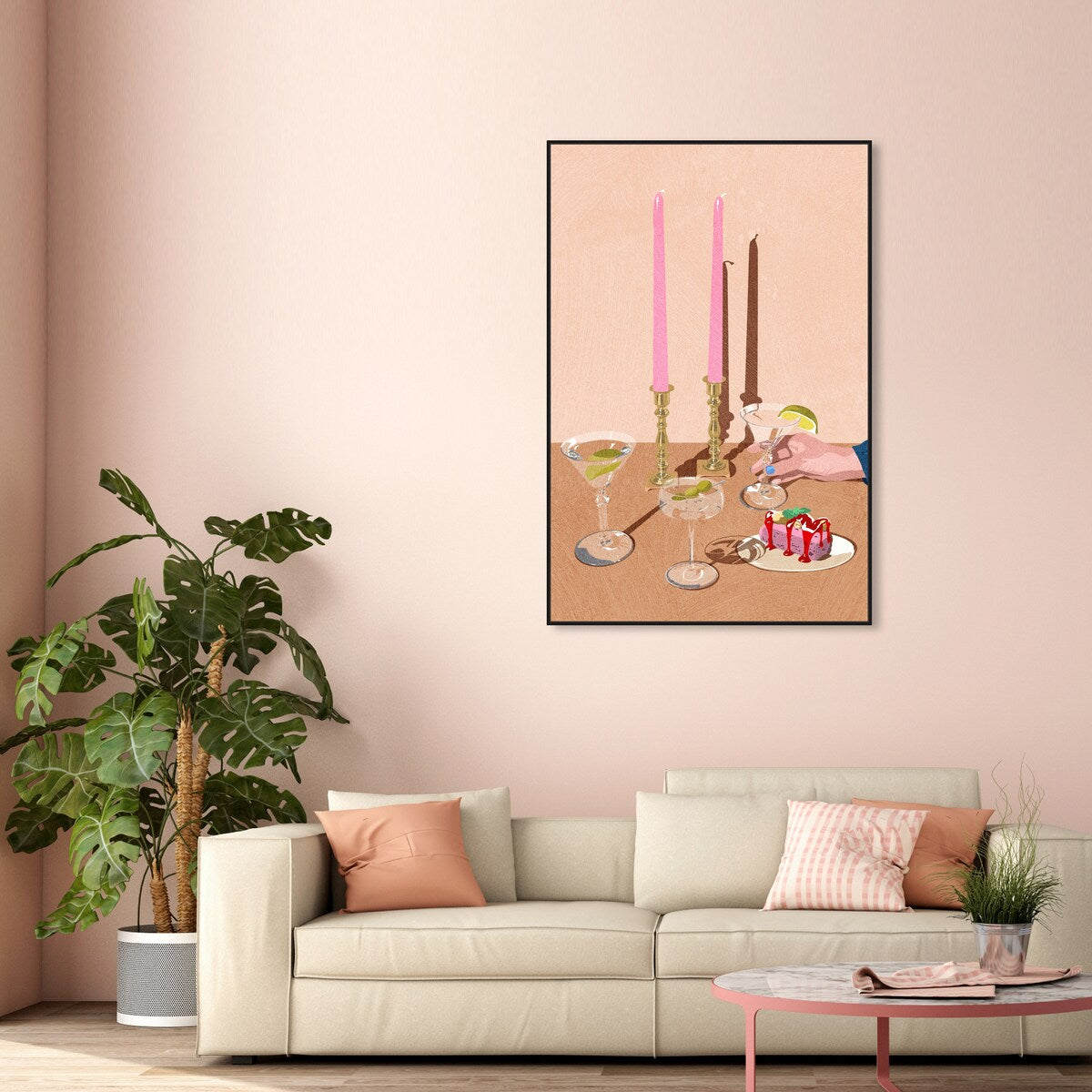 Elegant Pink Framed Canvas Wall Art Print - Modern Dessert & Drink Theme for Dining Room Decor | Perfect for Kitchen, Living Room, and Home Decoration